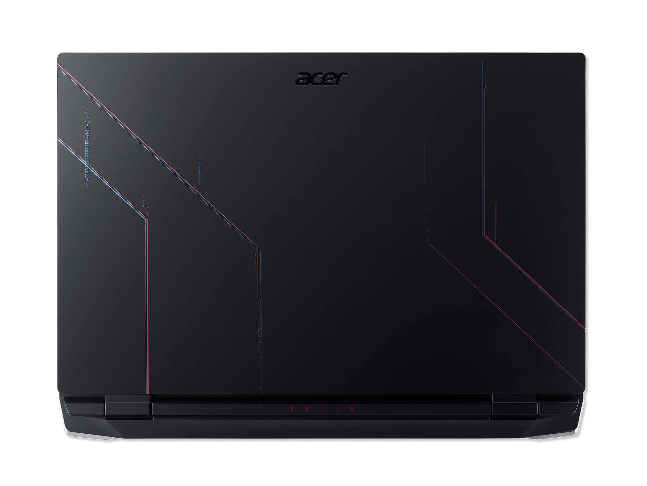 La parte trasera de un portátil Acer Nitro negro con líneas de diseño rojas y azules y texto NITRO.