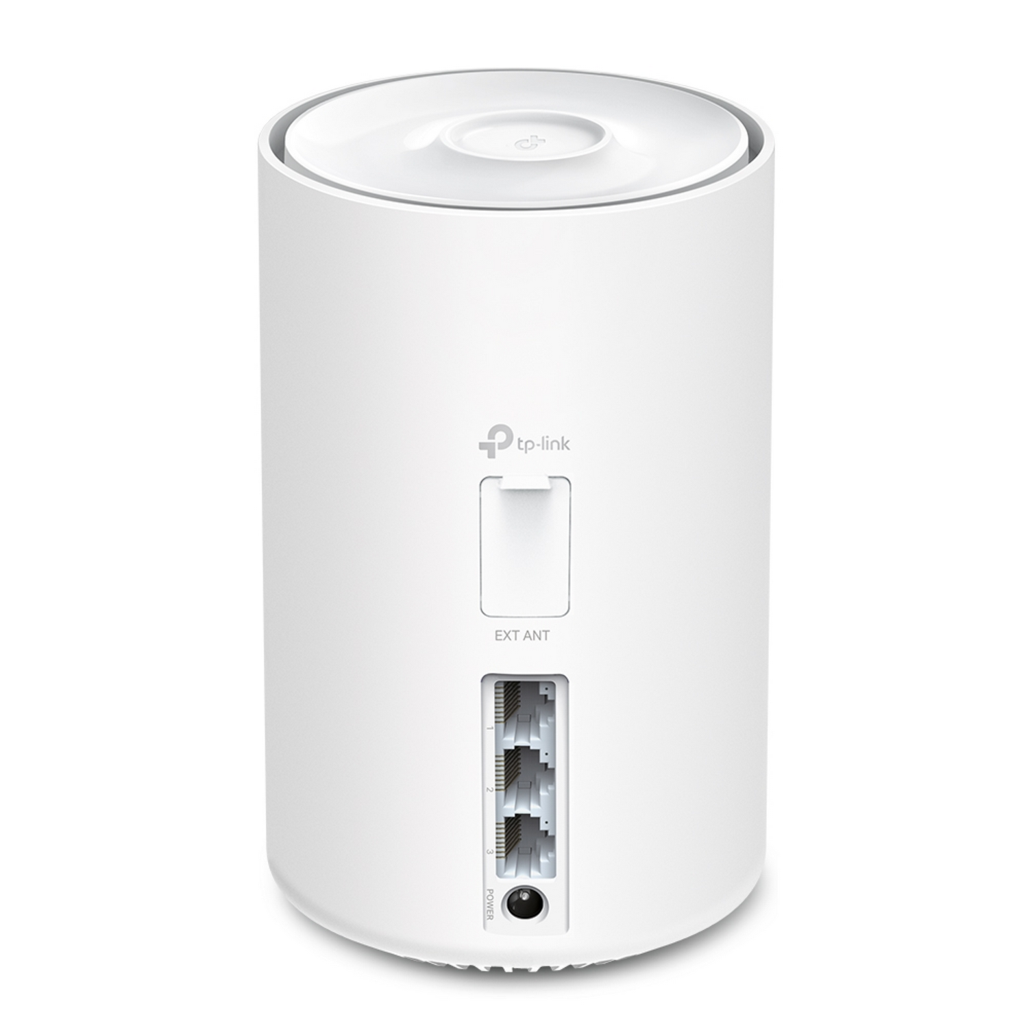 White cylindrical router with ports and a button. T-Link logo is visible.