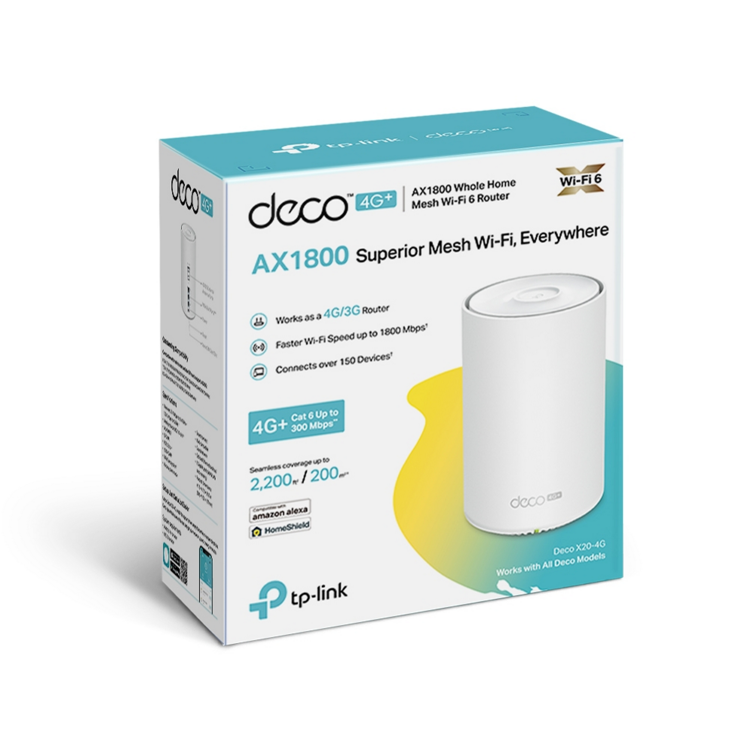A white and teal Wi-Fi router box is shown, showcasing the device and its features.