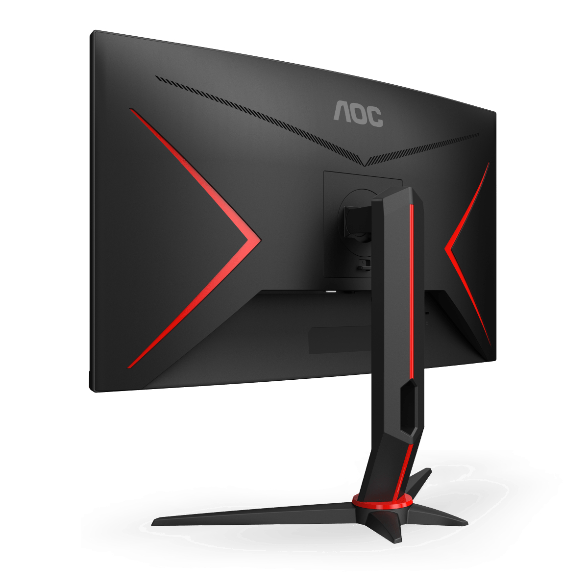 AOC Gaming-Monitor Rückansicht. Schwarz mit roten Akzenten. AOC-Logo oben.