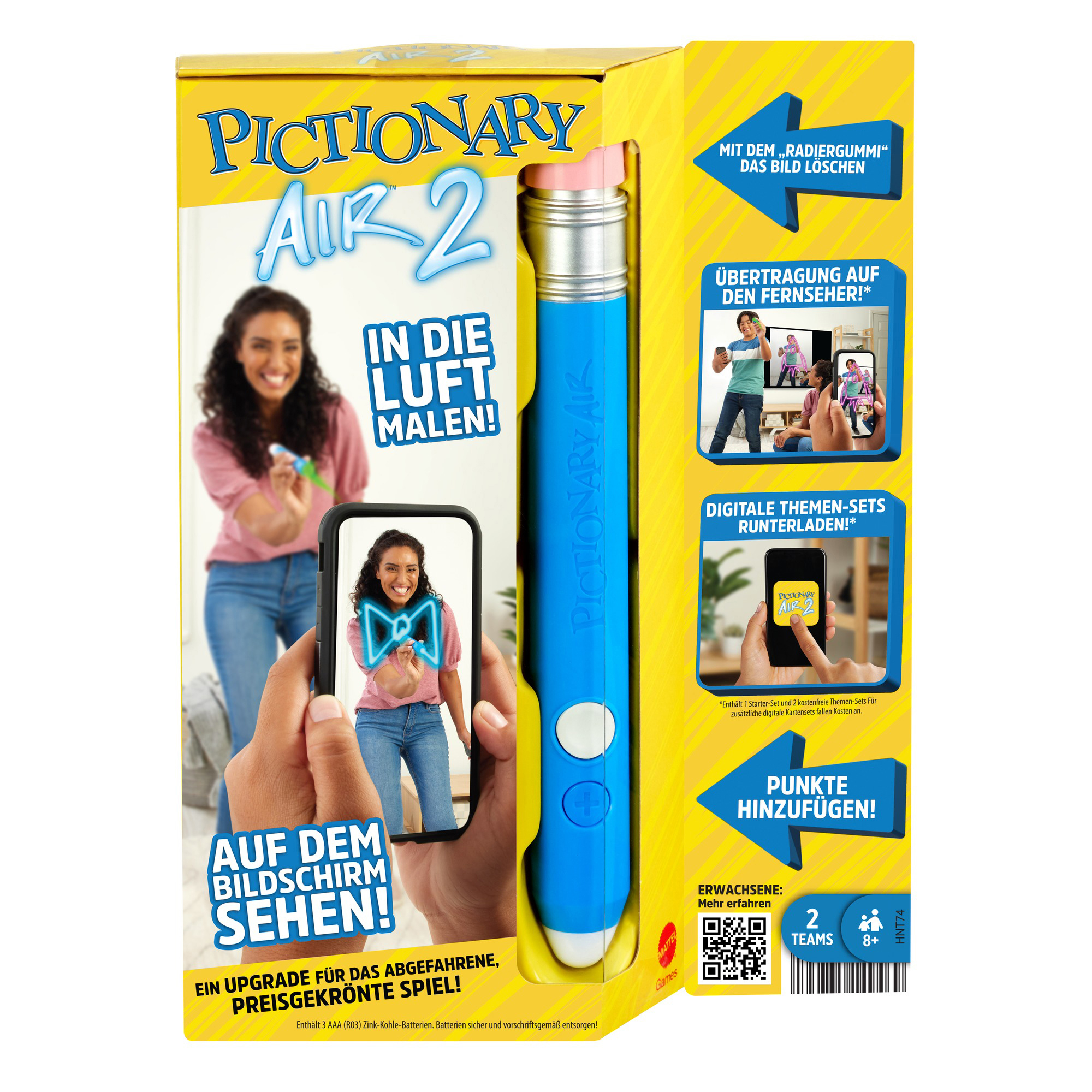 Pictionary Air 2-Spielbox mit einer Frau, die einen Stift hält, und den Spielfunktionen.