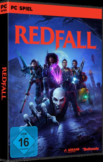 Videospiel-Box-Art für Redfall. Charaktere im Vordergrund, mit einem Vampir.