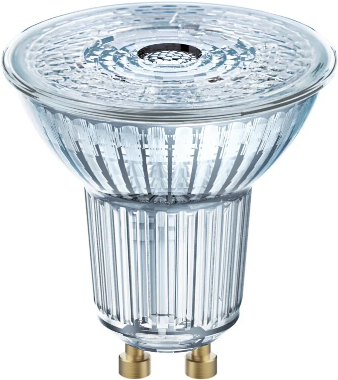 Une ampoule en verre transparent avec deux broches dorées. L'ampoule a de nombreuses rainures.