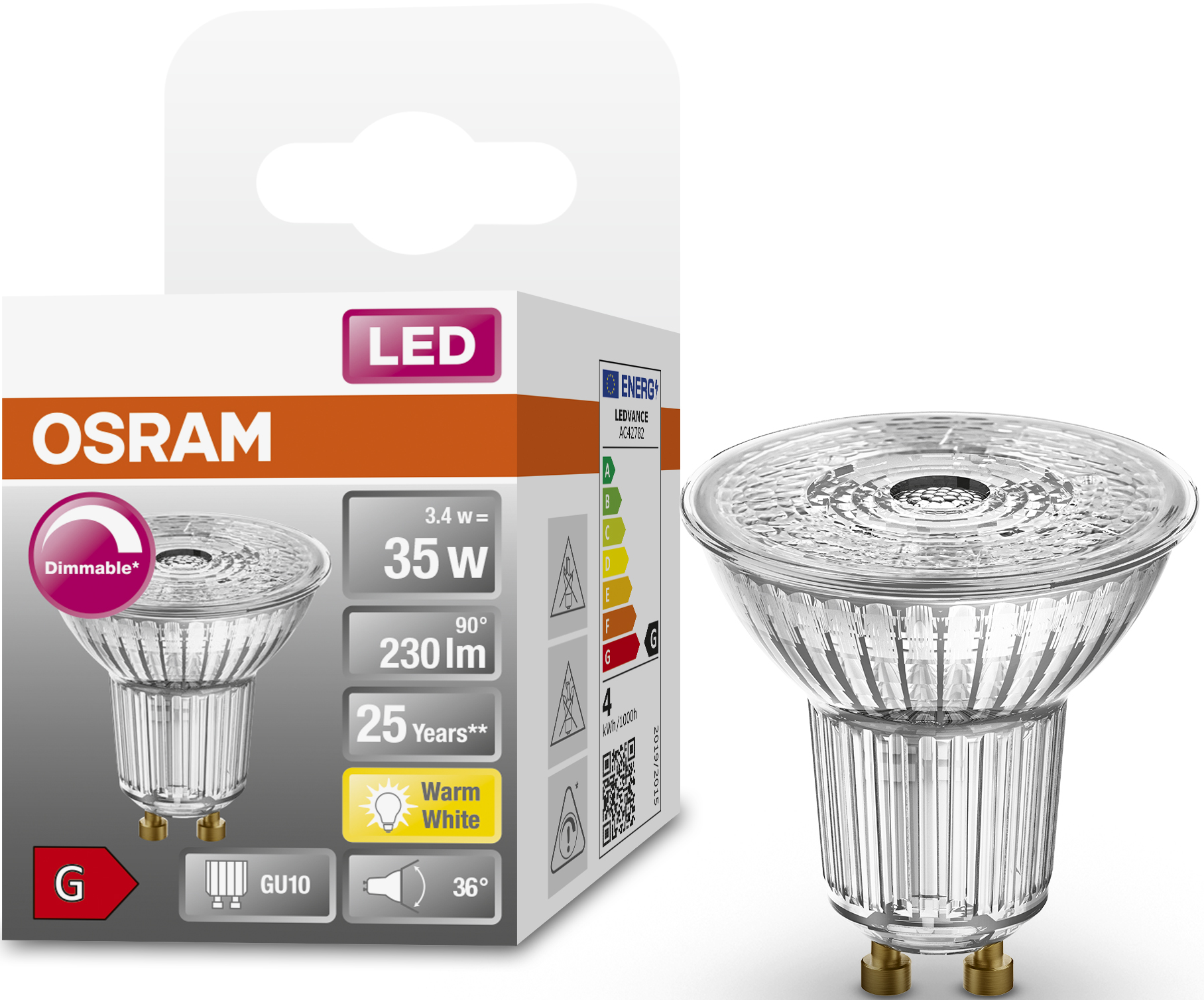 Un emballage d'ampoule LED Osram et l'ampoule. L'emballage montre les spécifications et l'ampoule est à droite.