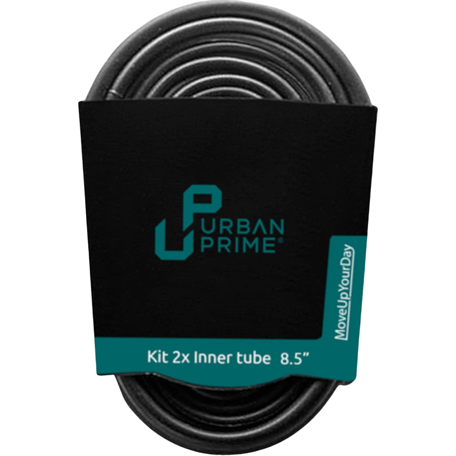 Zwarte fietsbinnenset met zwarte verpakking. Tekst: Urban Prime, Kit 2x binnenband 8,5".