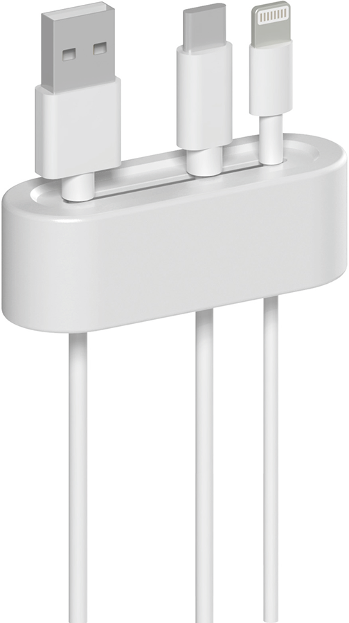 White charging dock with three cables. USB, USB-C, and lightning connectors.