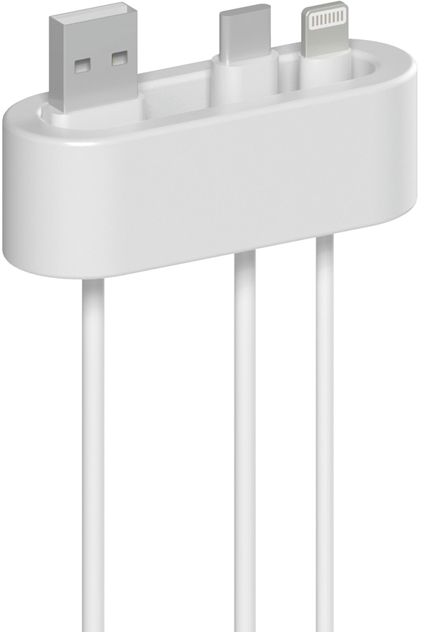 White charging hub with three cables: USB, USB-C, and Lightning. Cables extend downwards.