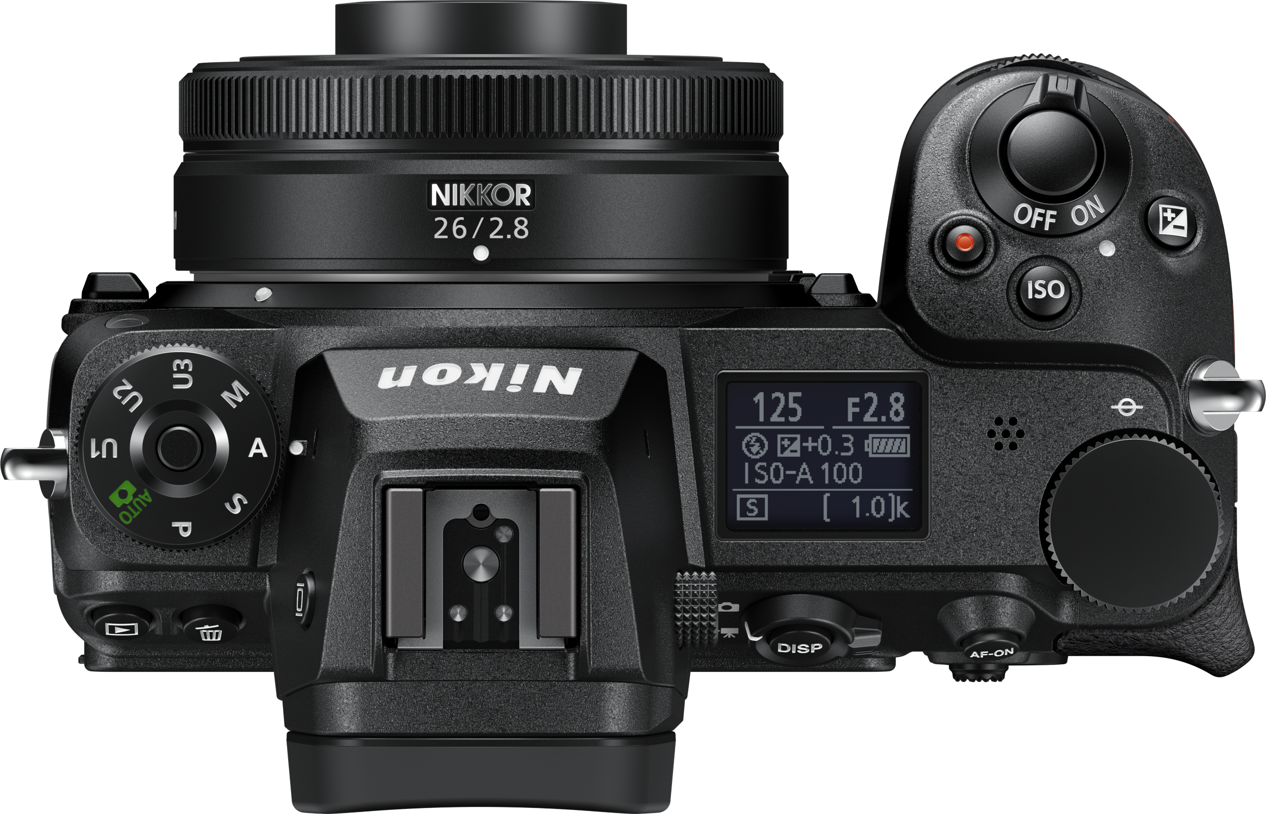 Draufsicht auf eine Nikon Kamera mit Objektiv, Knöpfen und einem Display.