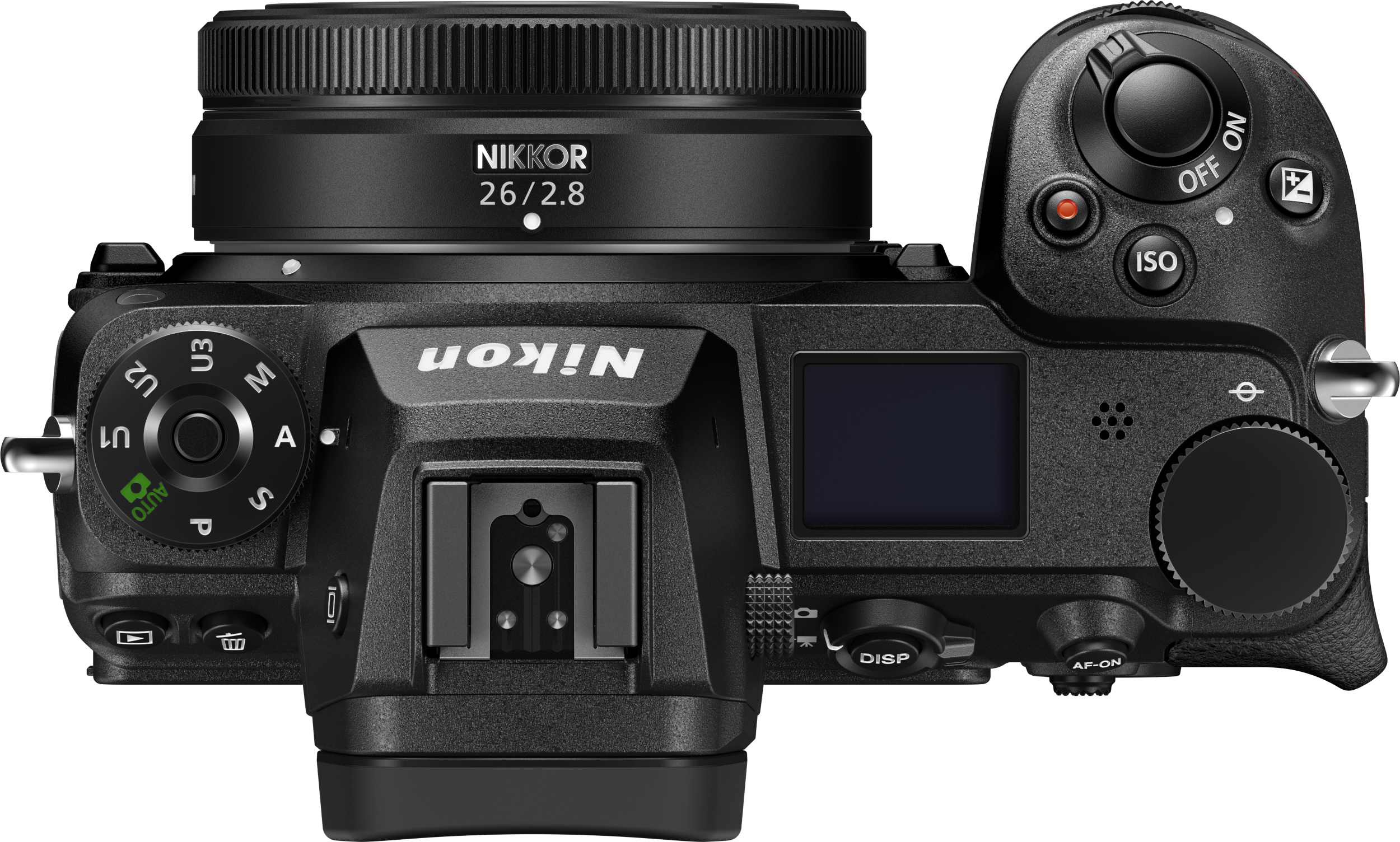 Nikon Kamera, Draufsicht. Schwarzes Gehäuse mit Objektiv, Knöpfen und kleinem Display.