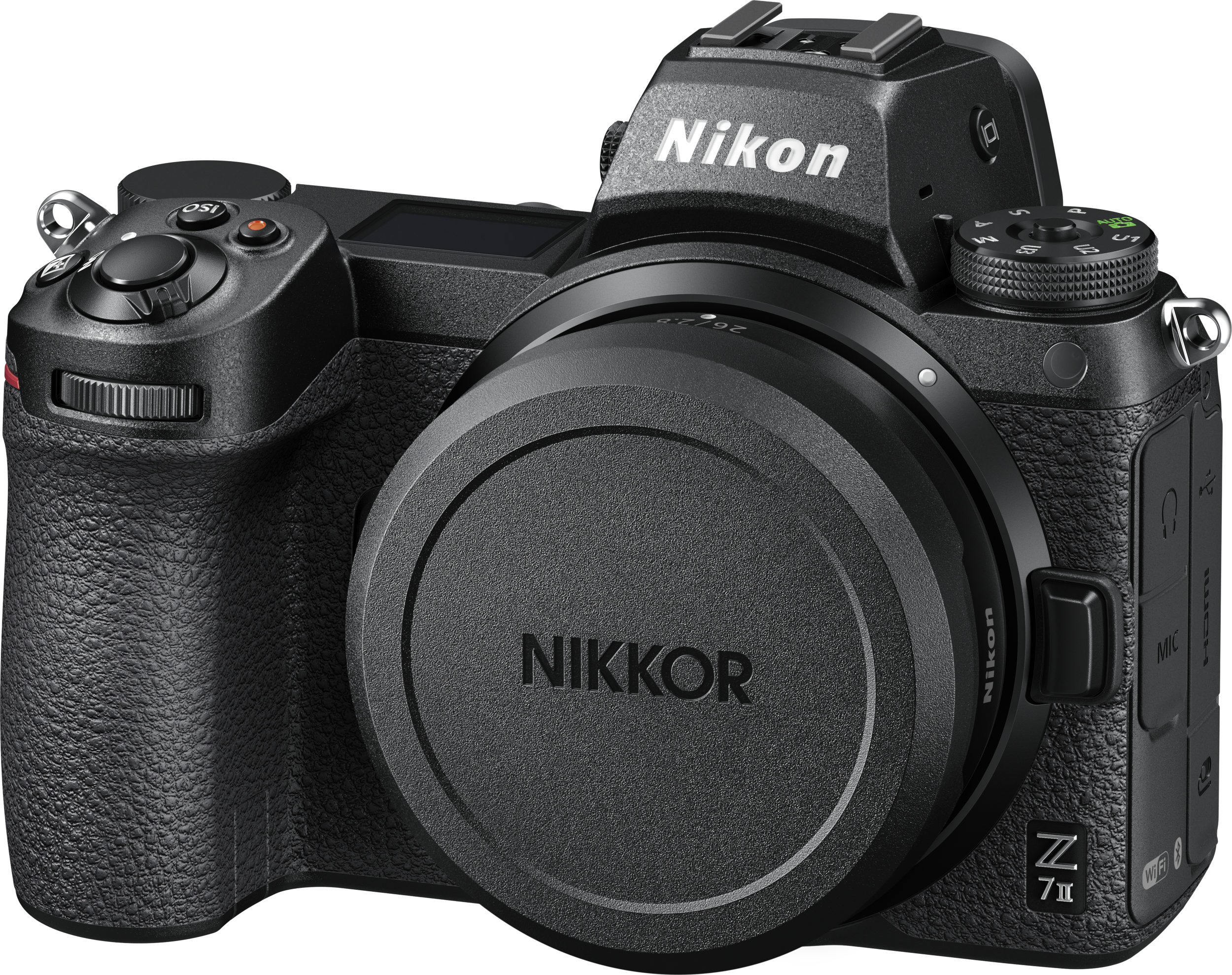 Eine schwarze Kamera mit einem Nikkor-Objektiv.