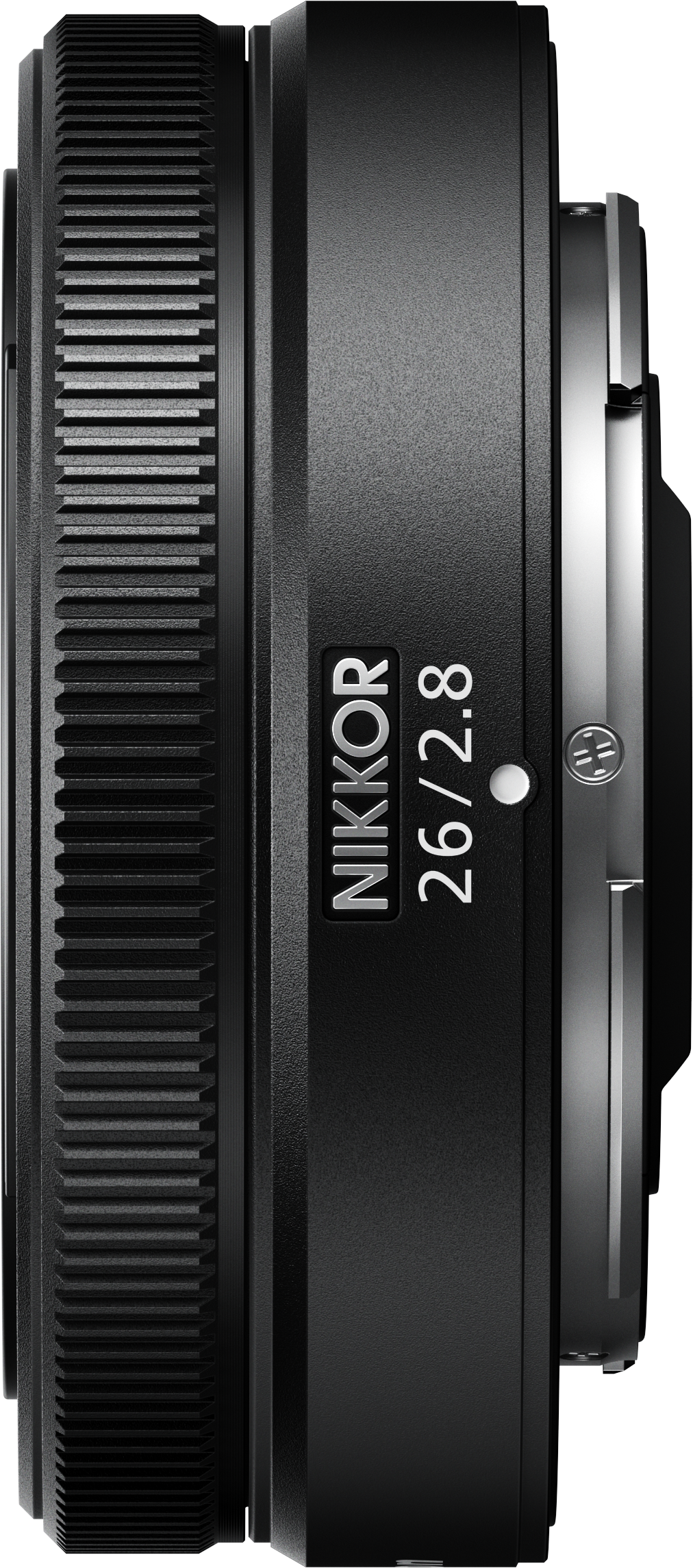 Seitenansicht eines schwarzen Kameraobjektivs mit dem Text 'NIKKOR 26/2.8'.