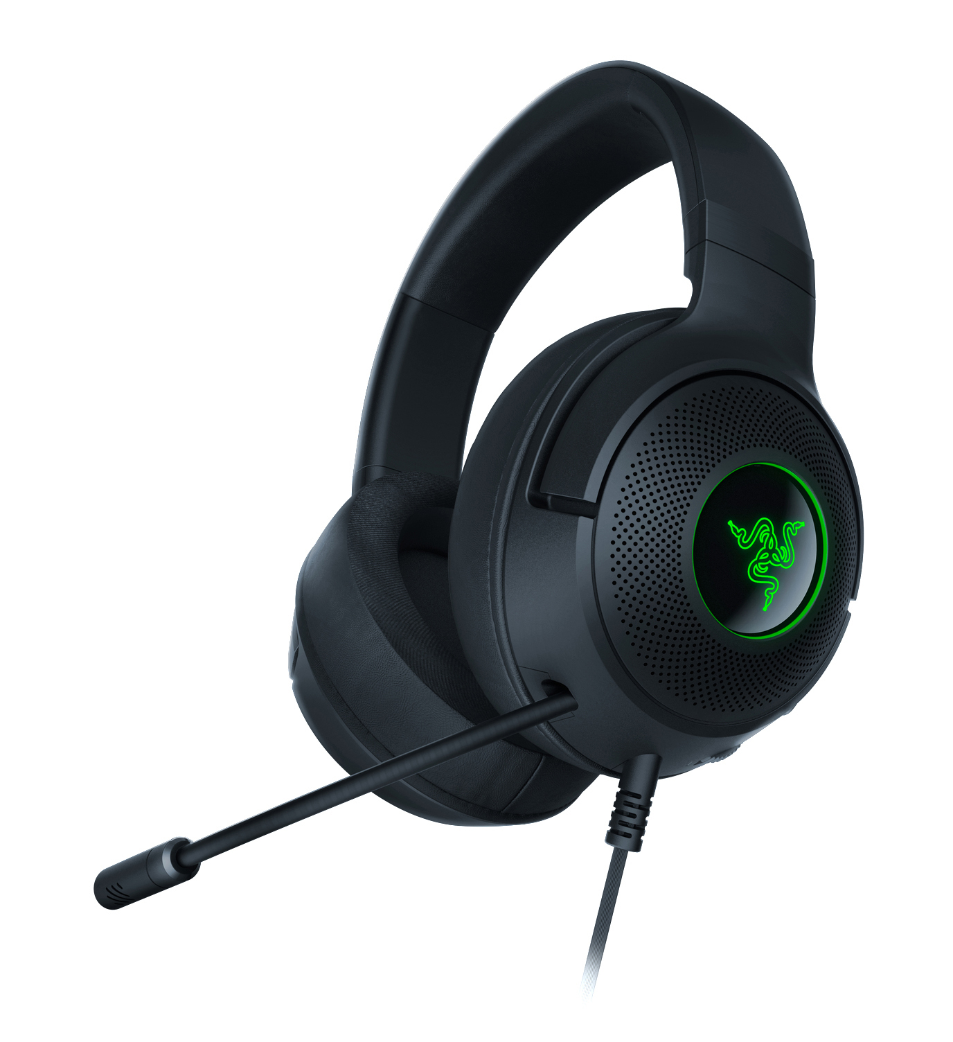 Schwarzes Razer Gaming-Headset mit Mikrofon. Grünes Logo auf dem Ohrmuschel. Weißer Hintergrund.