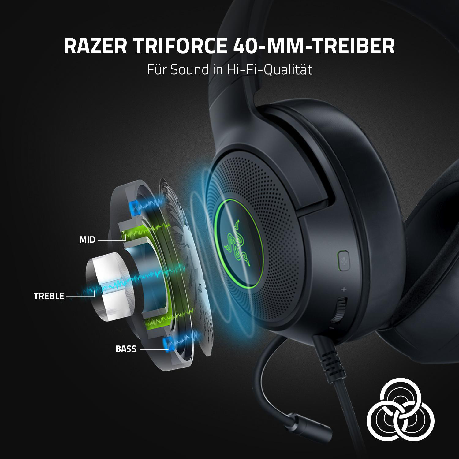 Schwarzes Razer-Headset mit detailliertem Diagramm der Schallwellen.