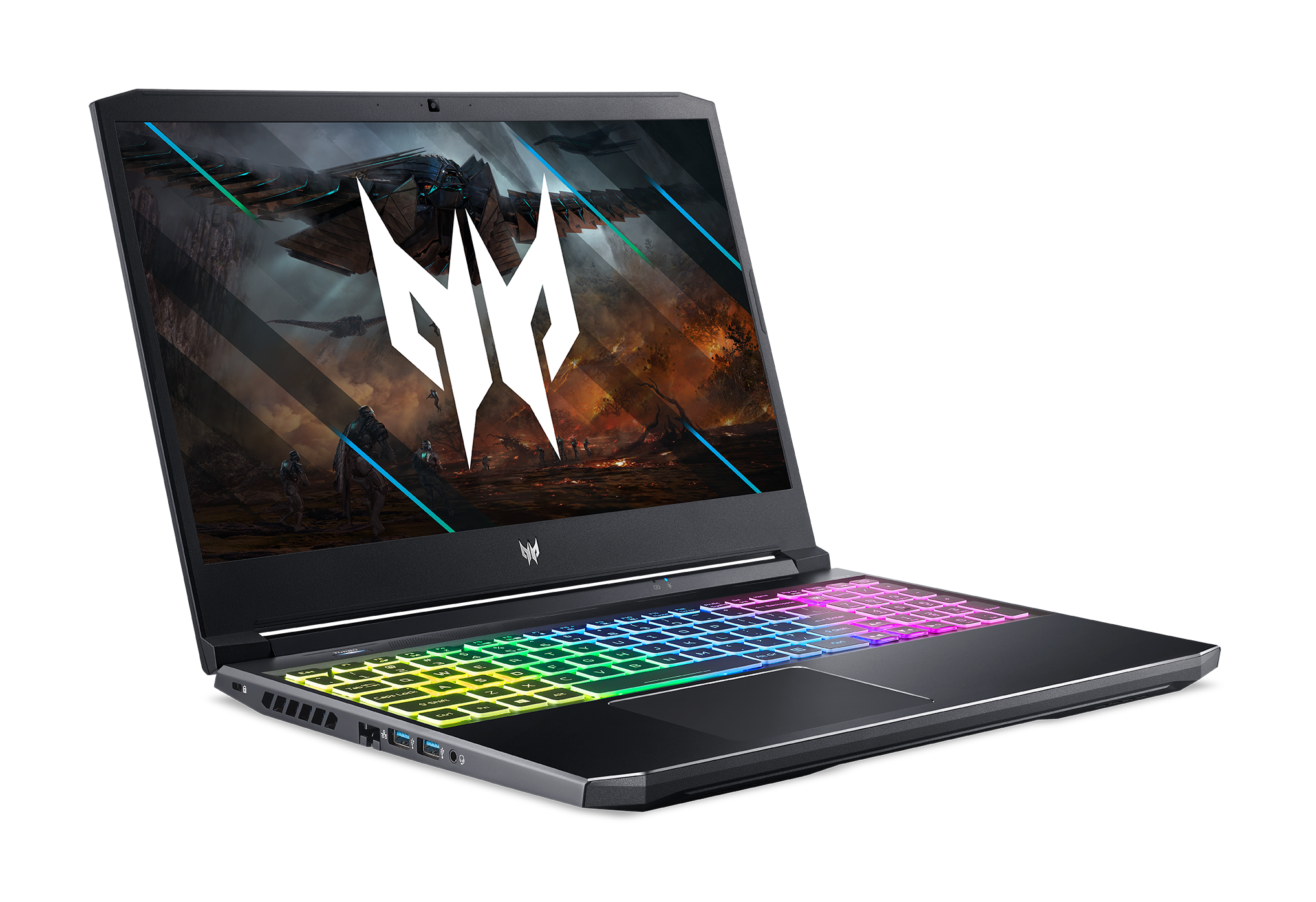 Portátil gaming con teclado arcoíris y logotipo en pantalla.