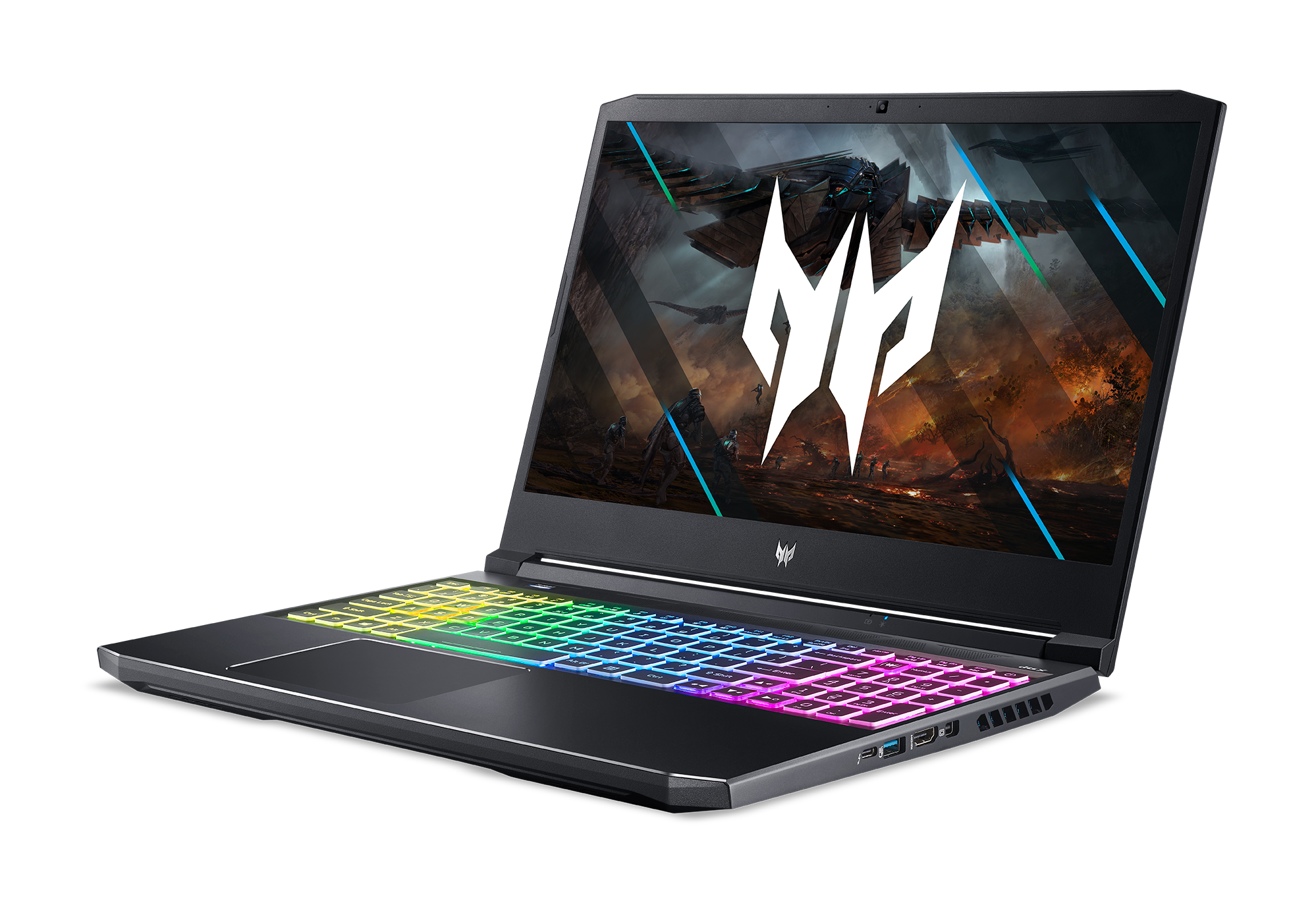 Ordenador portátil para juegos con teclado iluminado, ligeramente inclinado.