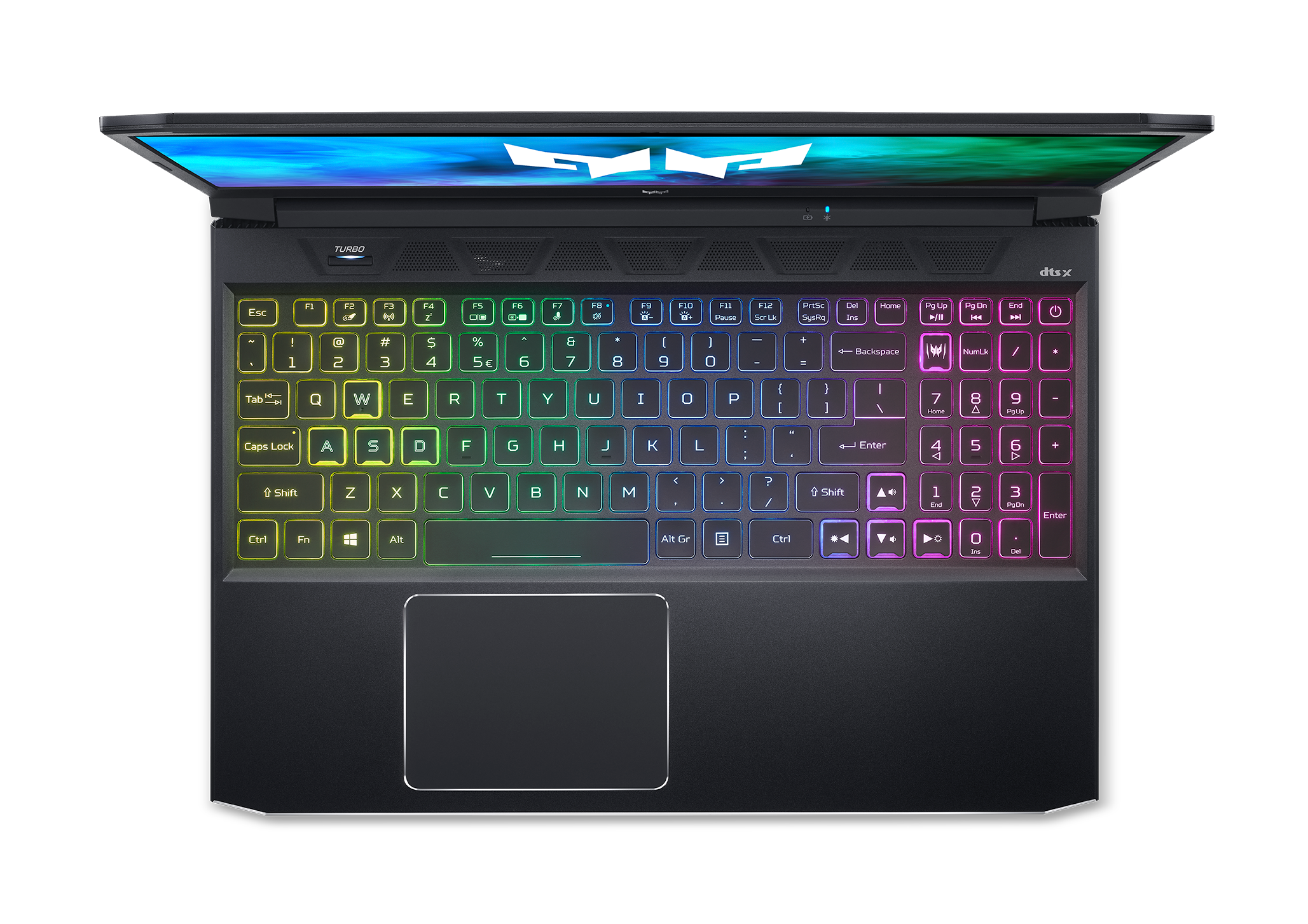Un portátil negro con teclado colorido. La pantalla está abierta, vista superior sobre negro.