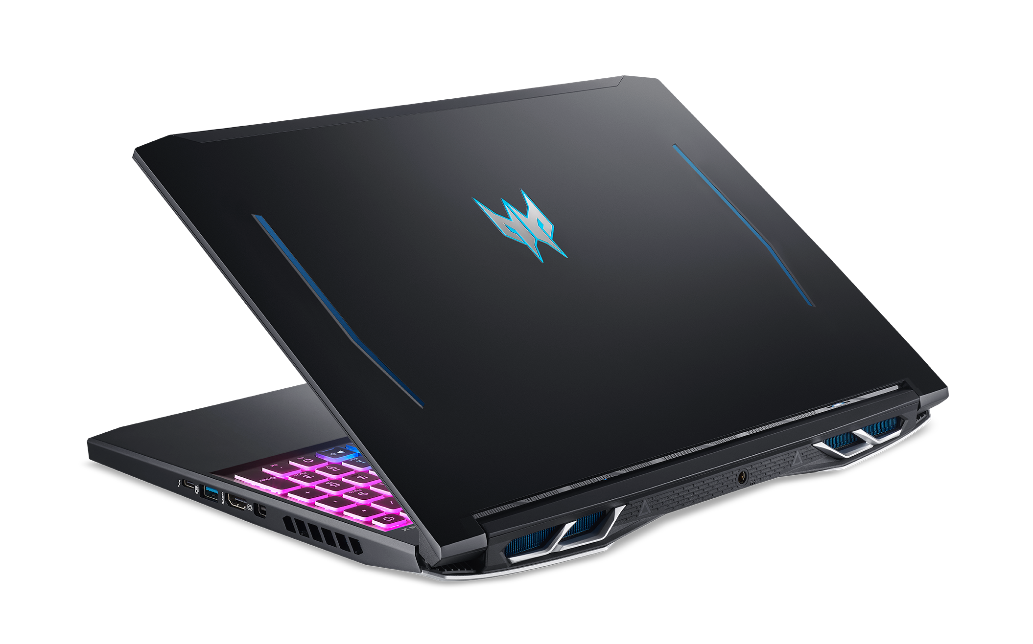 Un portátil negro con un logotipo azul en la parte posterior y un teclado colorido.
