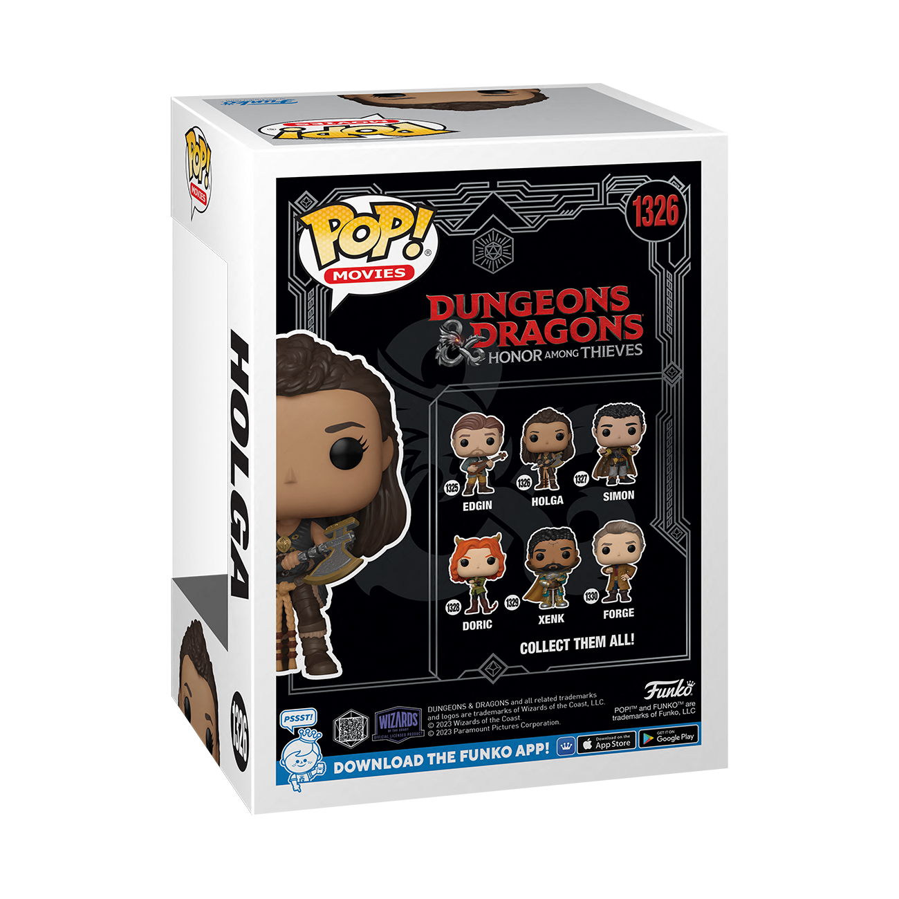 Caja de una figura de Holga de Dungeons & Dragons. Presenta figuras de personajes y el logotipo de Funko.
