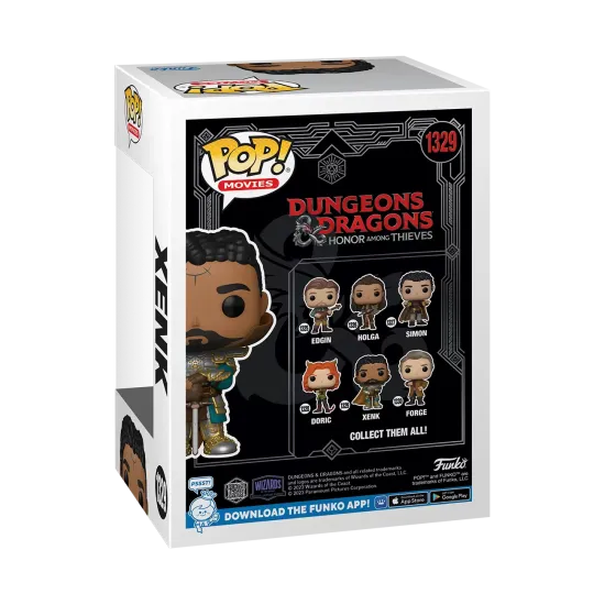 La parte trasera de una caja de Funko Pop Movies con el logotipo de Dungeons & Dragons e imágenes de personajes.