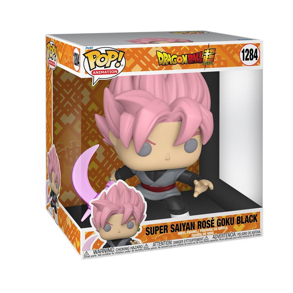Una figura Funko Pop de Super Saiyan Rosé Goku Black, en una caja con pelo rosa.