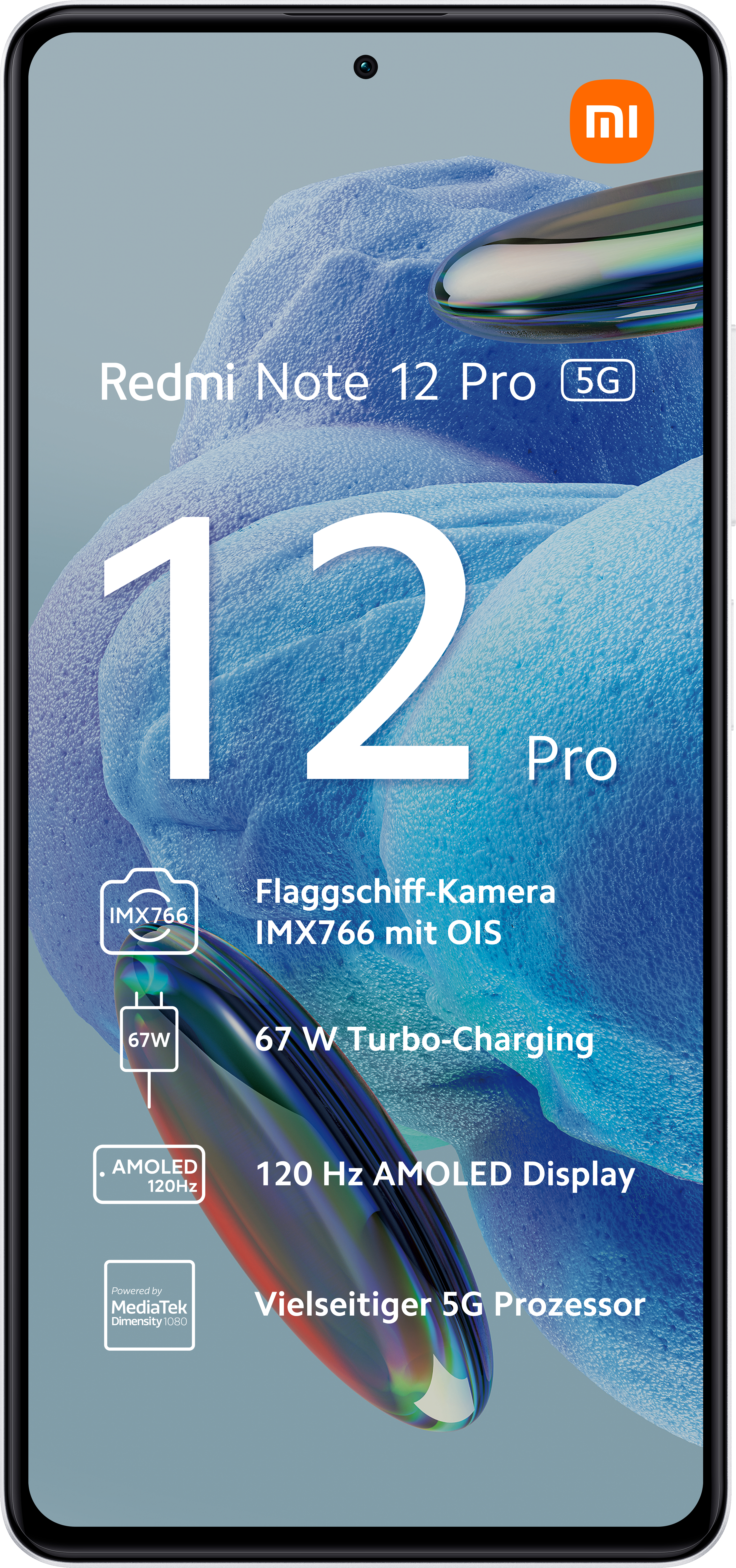 Ein Smartphone mit großem Bildschirm, der Text und Grafiken anzeigt. Das Telefon ist schwarz.