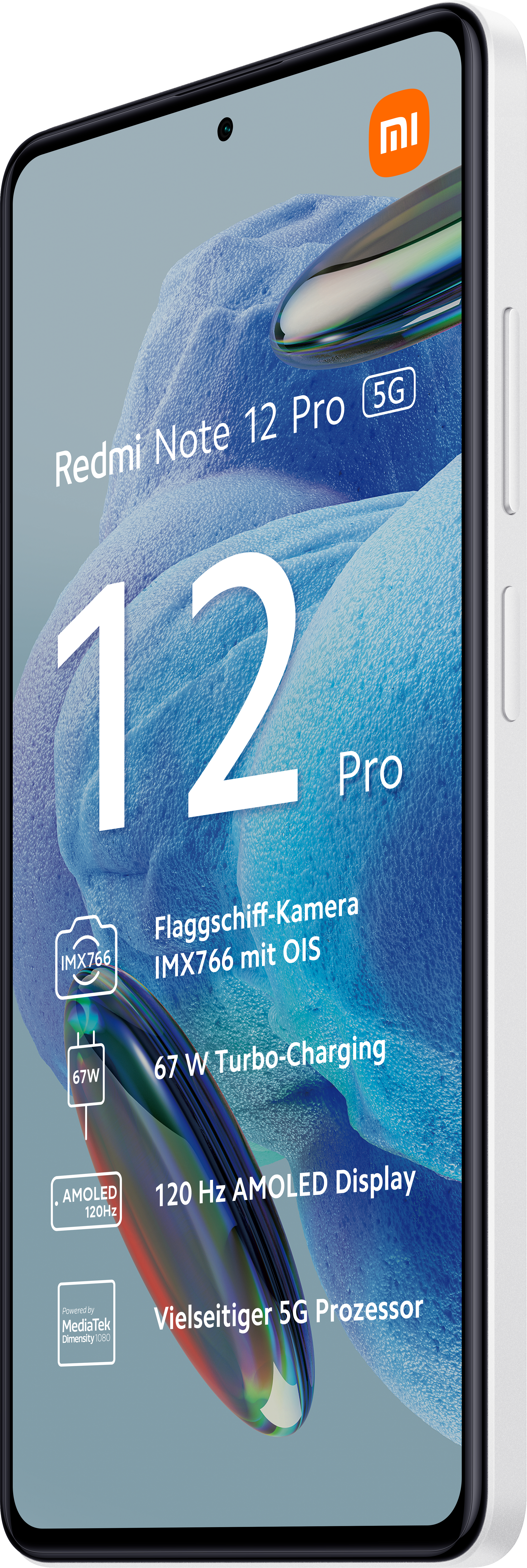 Weißes Telefon mit einem Bildschirm, der Informationen und Logos anzeigt.