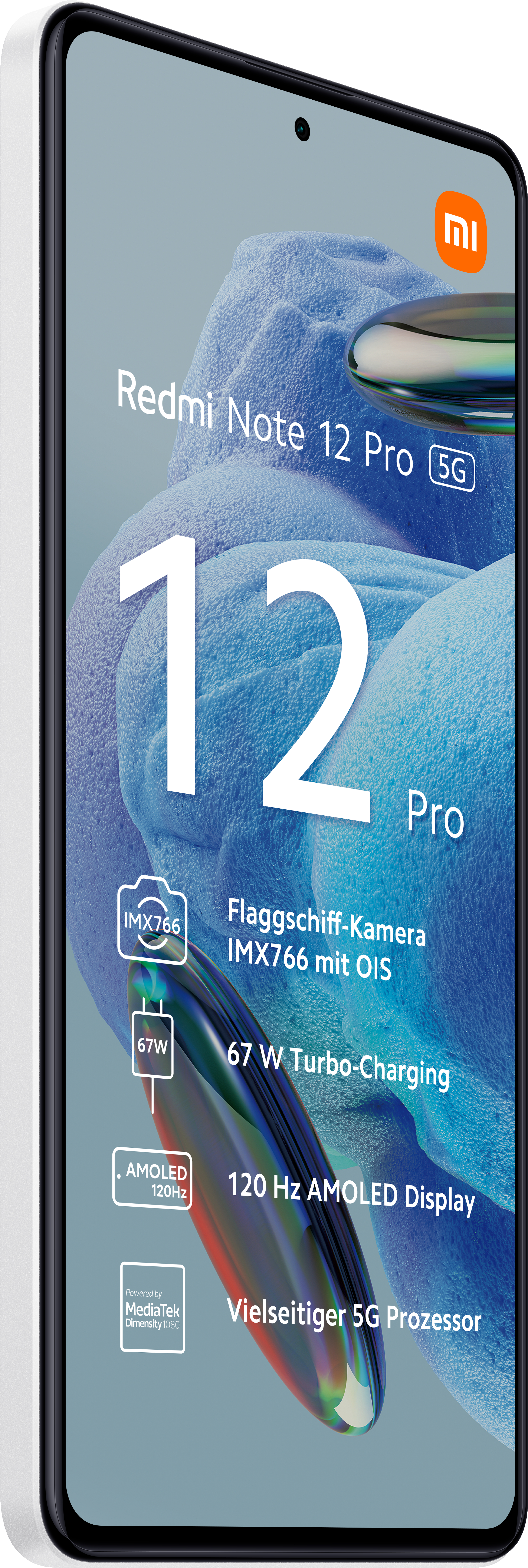 Weißes und schwarzes Smartphone: Redmi Note 12 Pro 5G. Text: 12 Pro, IMX766, 67W, AMOLED 120Hz. Oranges Logo.