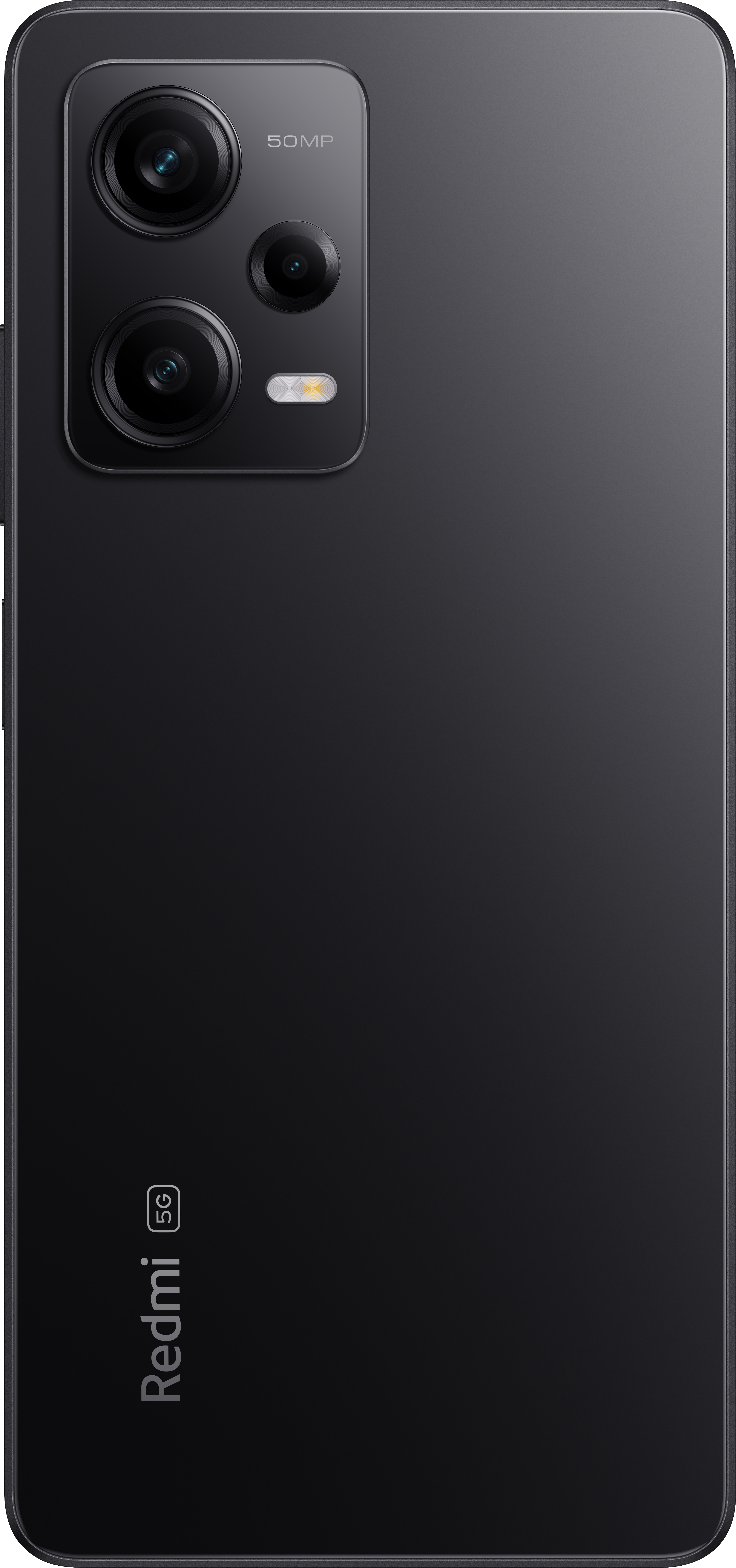 Ein schwarzes Redmi 5G-Telefon mit drei Kameras auf der Rückseite.