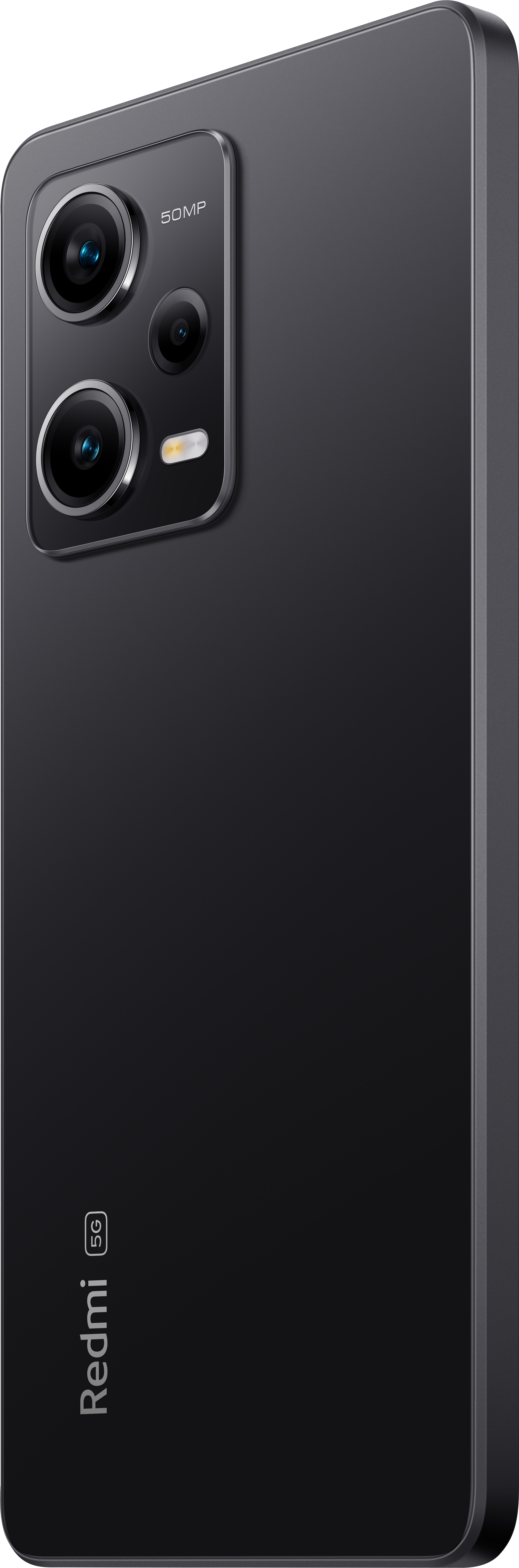 Ein schwarzes Redmi 5G-Telefon, schräge Ansicht, mit drei Rückkameras und dem Redmi-Logo an der Seite.