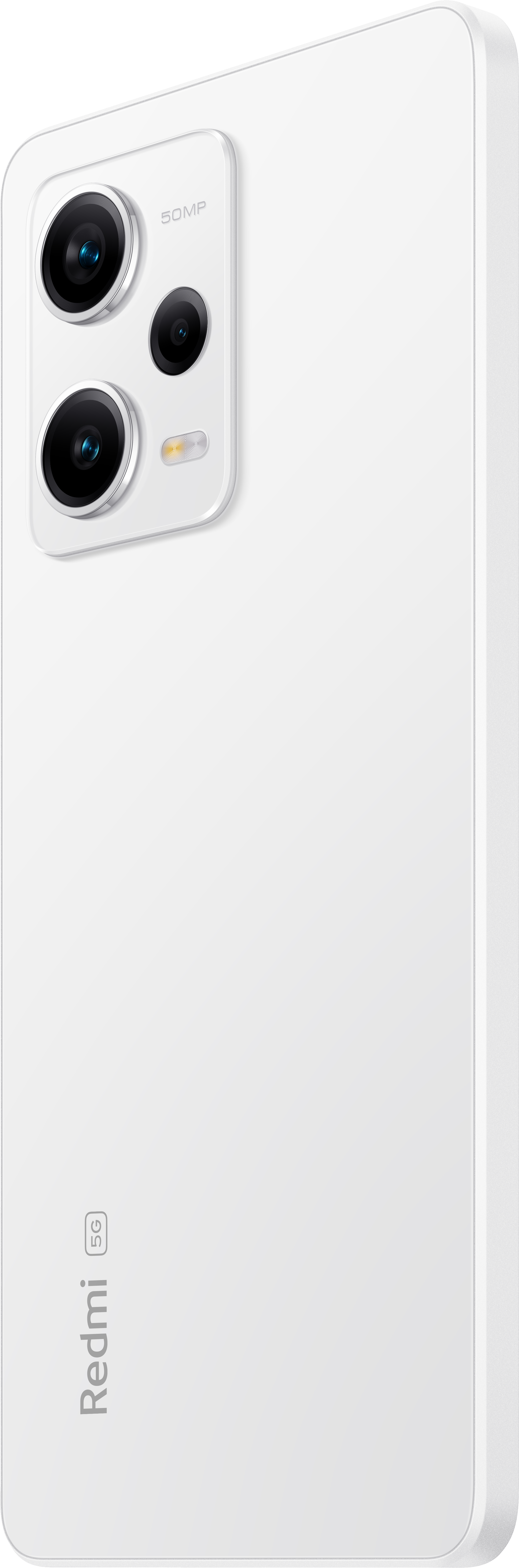 Weißes Smartphone mit Dreifach-Kamera, aus einem Dreiviertelwinkel betrachtet.