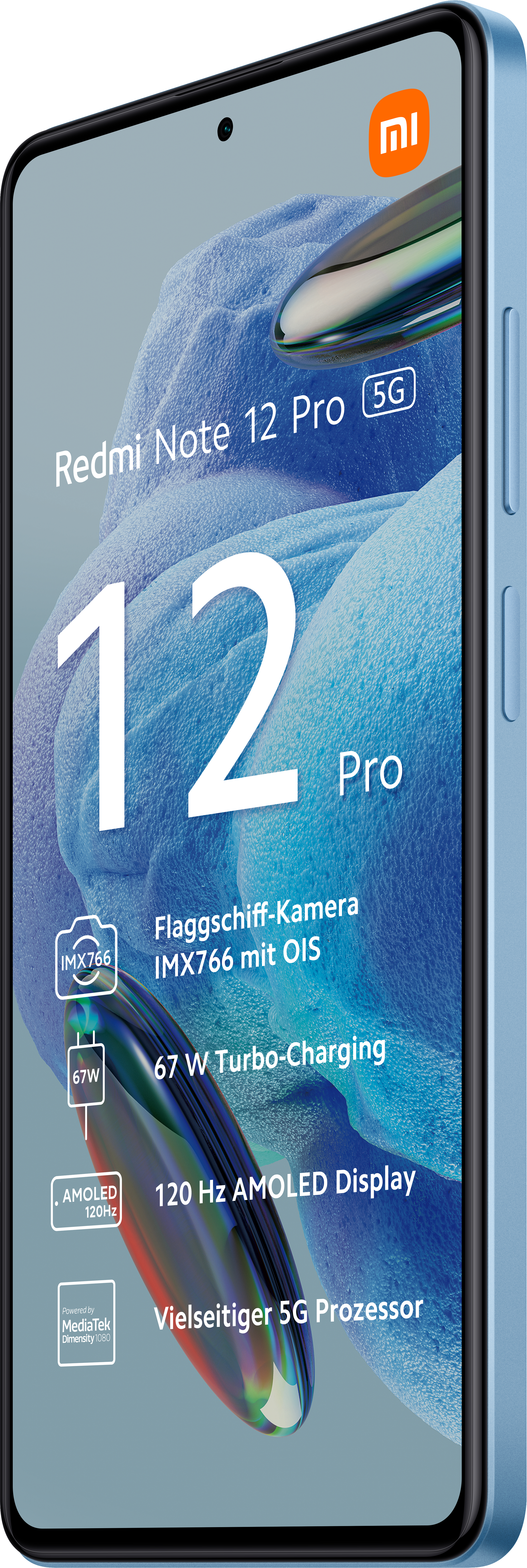Ein hellblaues Telefon mit großem Bildschirm und dem Text "Redmi Note 12 Pro 5G".