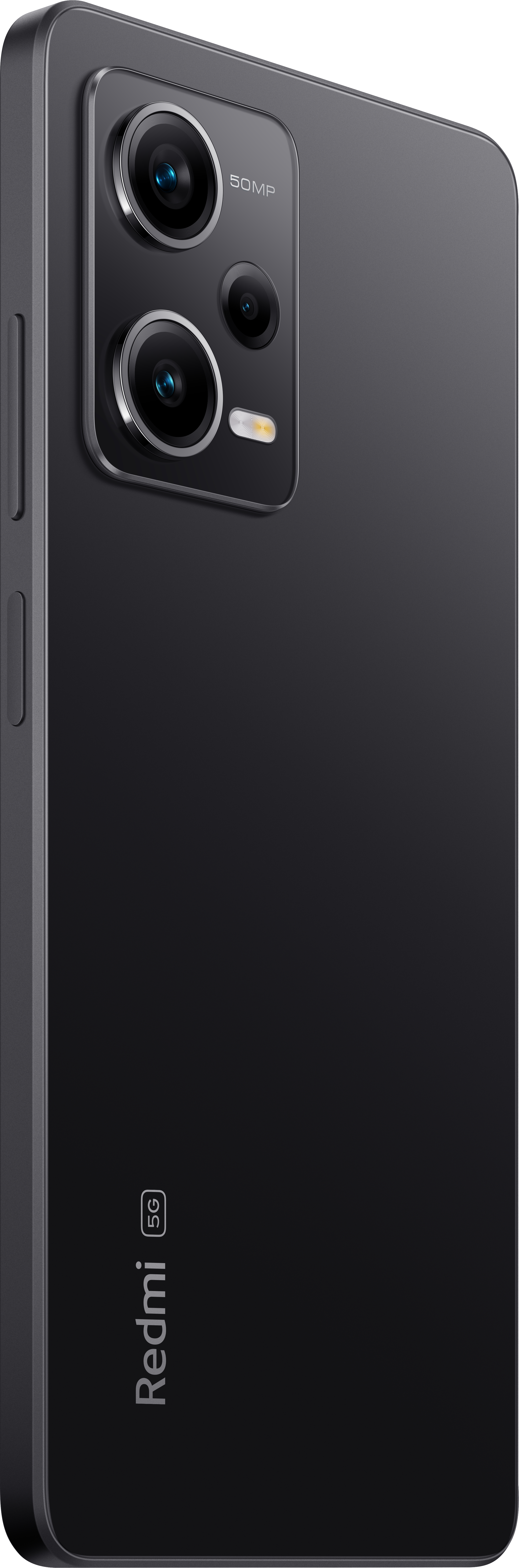 Schwarzes Telefon mit dreifachen Kameralinsen. Redmi 5G-Logo an der Seite.