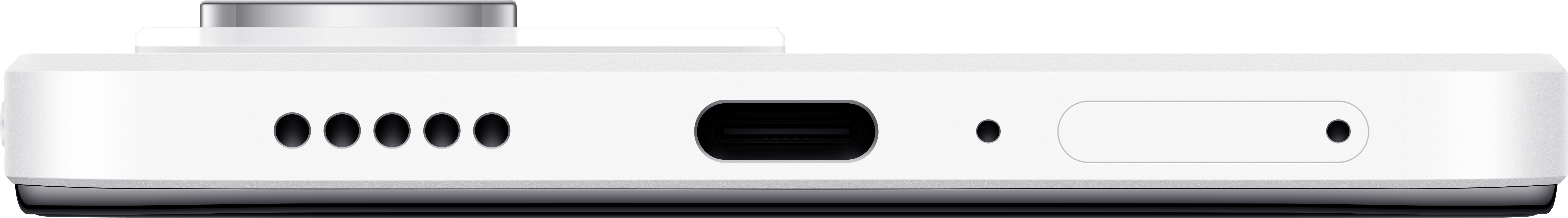 Nahaufnahme des Bodens eines weißen Telefons mit Ladeanschluss und Lautsprecherlöchern.