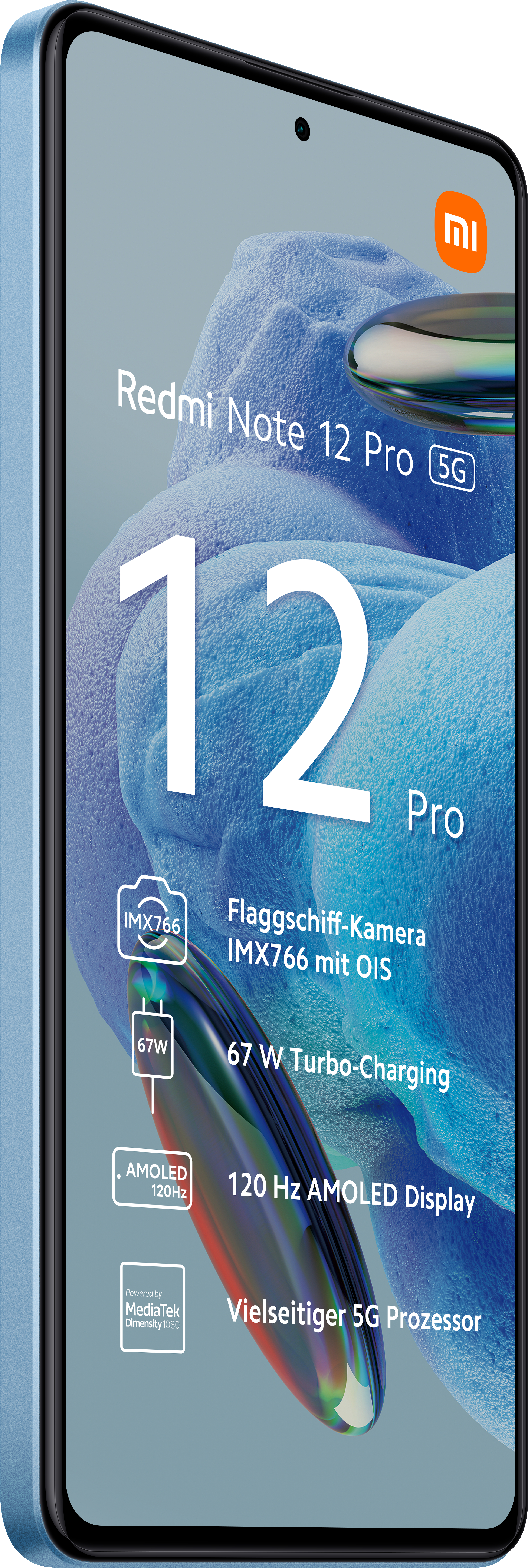 Ein blaues Telefon mit einem Bildschirm, der ein verschwommenes Bild und Text zeigt, mit weißem Hintergrund.