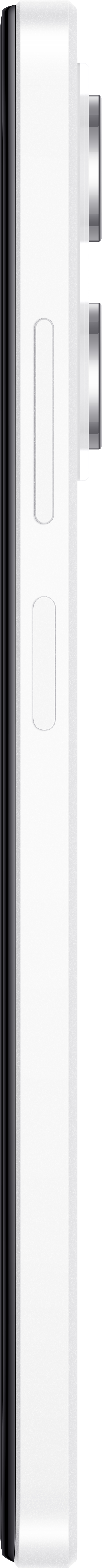 Seitenansicht eines weißen Telefons mit Knöpfen an der Seite. Schwarzes Band oben.