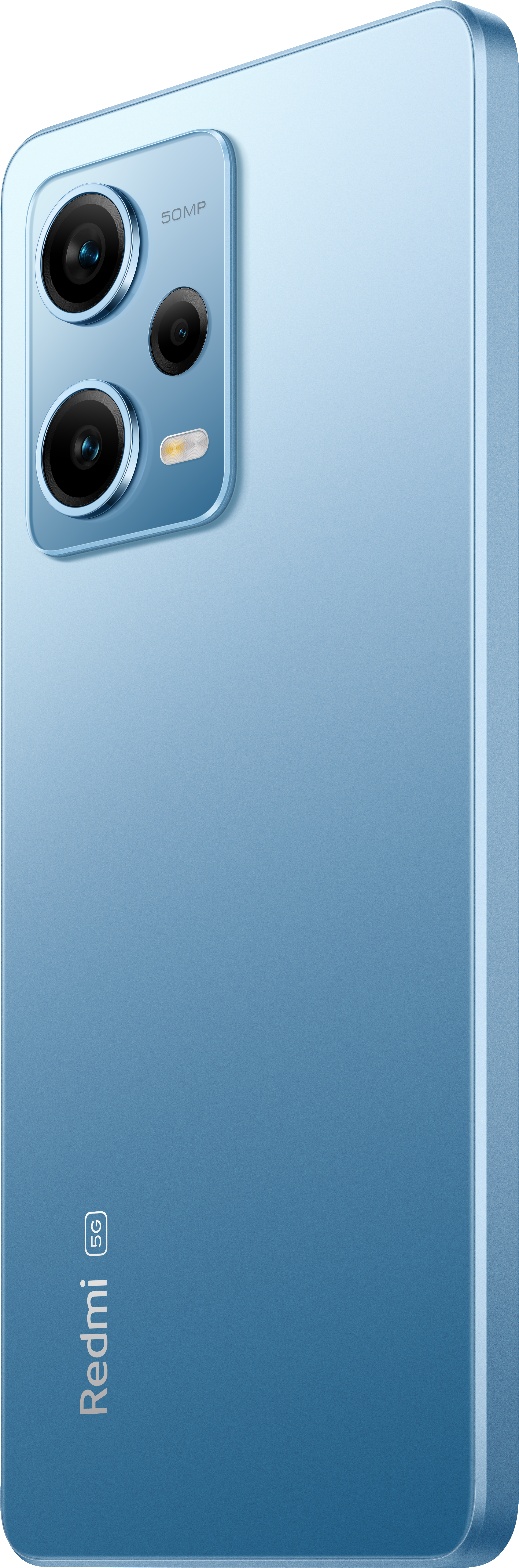Blaues Smartphone, Rückansicht, mit drei Kameras und 'Redmi 5G'-Logo. Die Seite des Telefons sichtbar.