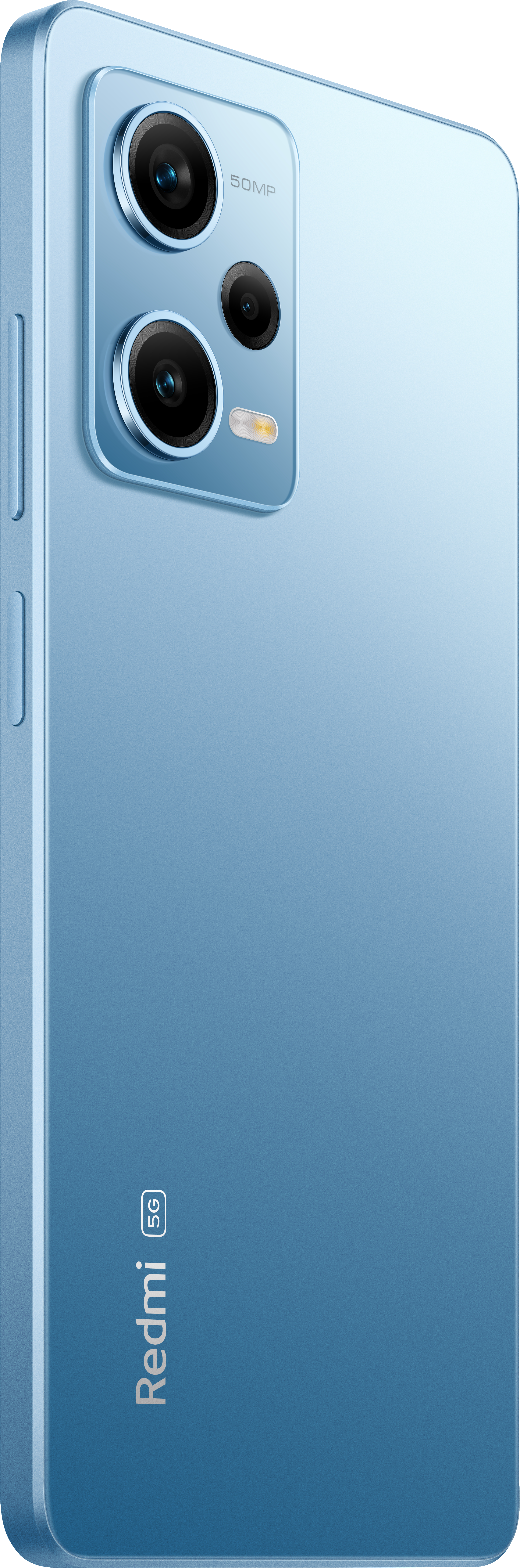 Blaues Redmi 5G-Smartphone, Rückseite mit Kameralinsen.