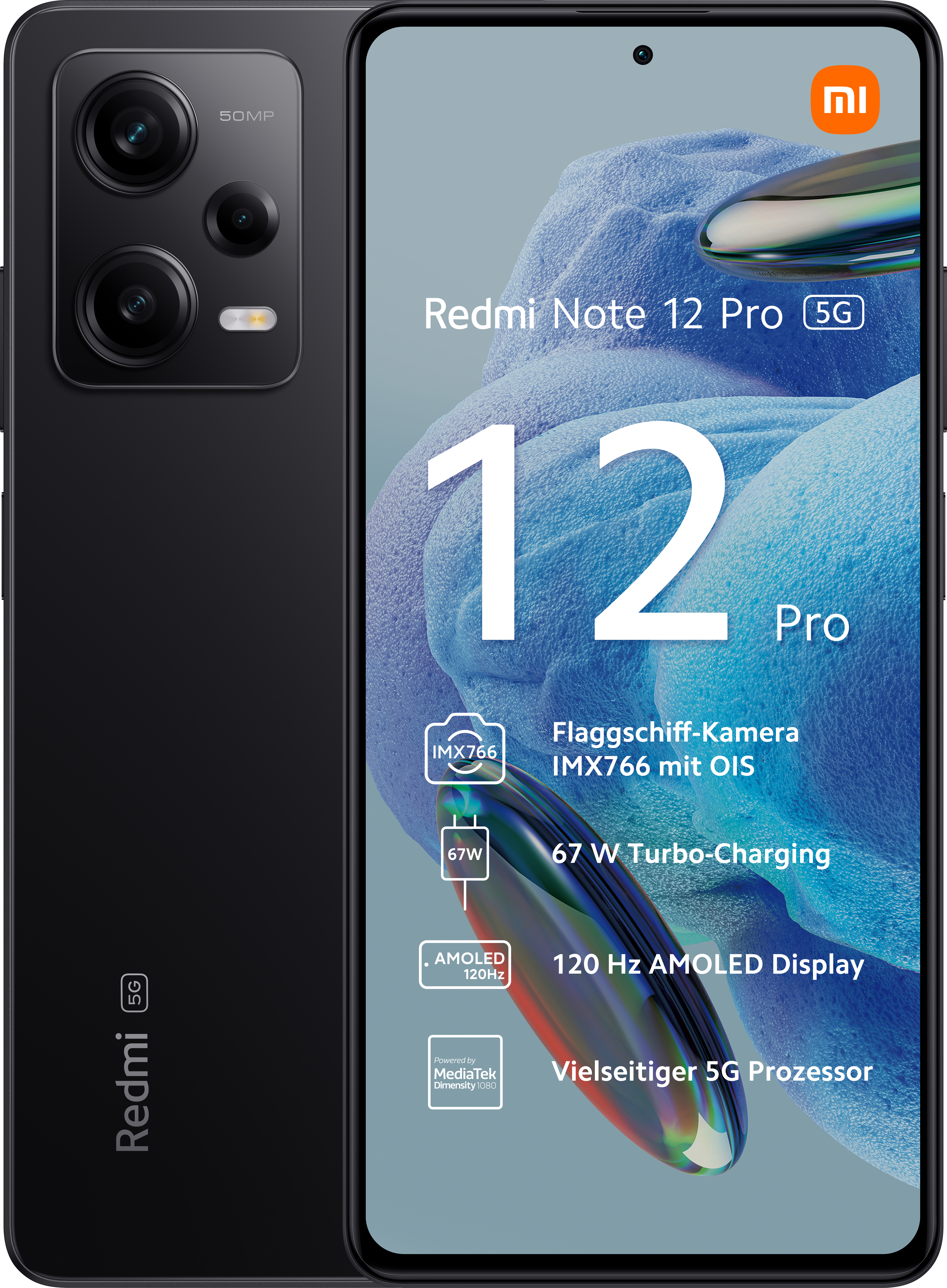 Ein schwarzes Redmi Note 12 Pro 5G Telefon. Es zeigt seine Funktionen und hat drei Kameras.