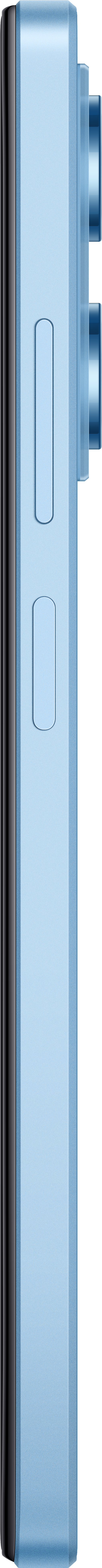 Seitenansicht eines hellblauen Smartphones. Lautstärke- und Ein-/Aus-Tasten an der Seite. Schwarzer Rahmen.