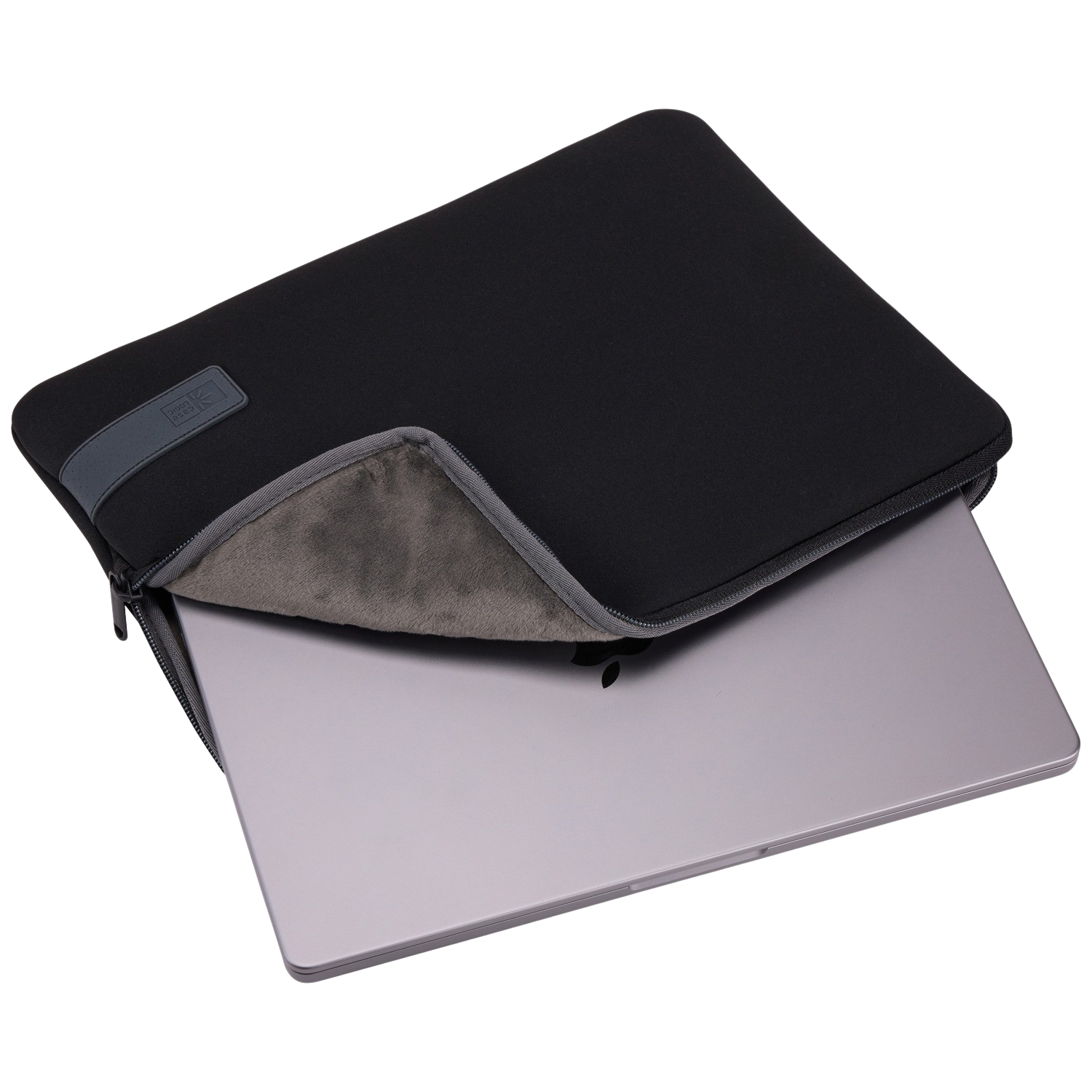 Black laptop inside a black case. Zippered closure. Gray interior.