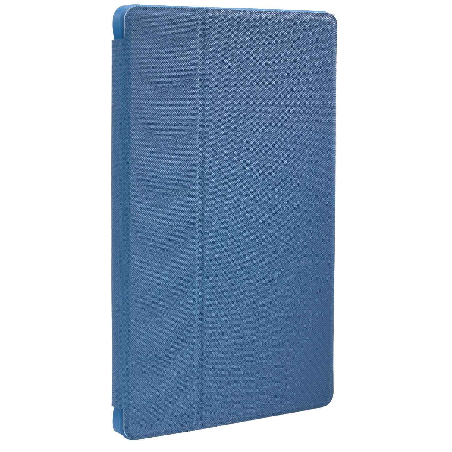 A blue tablet case, closed, shown from a side view.