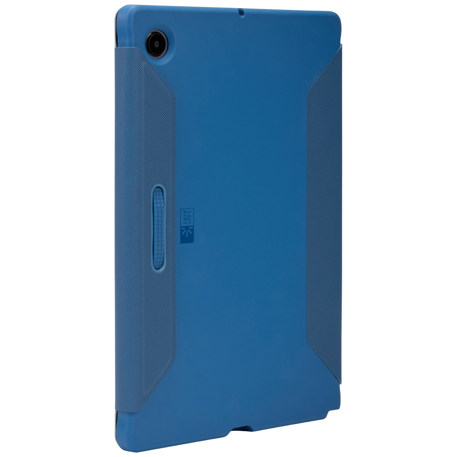 A blue tablet case with a camera and a textured side grip.