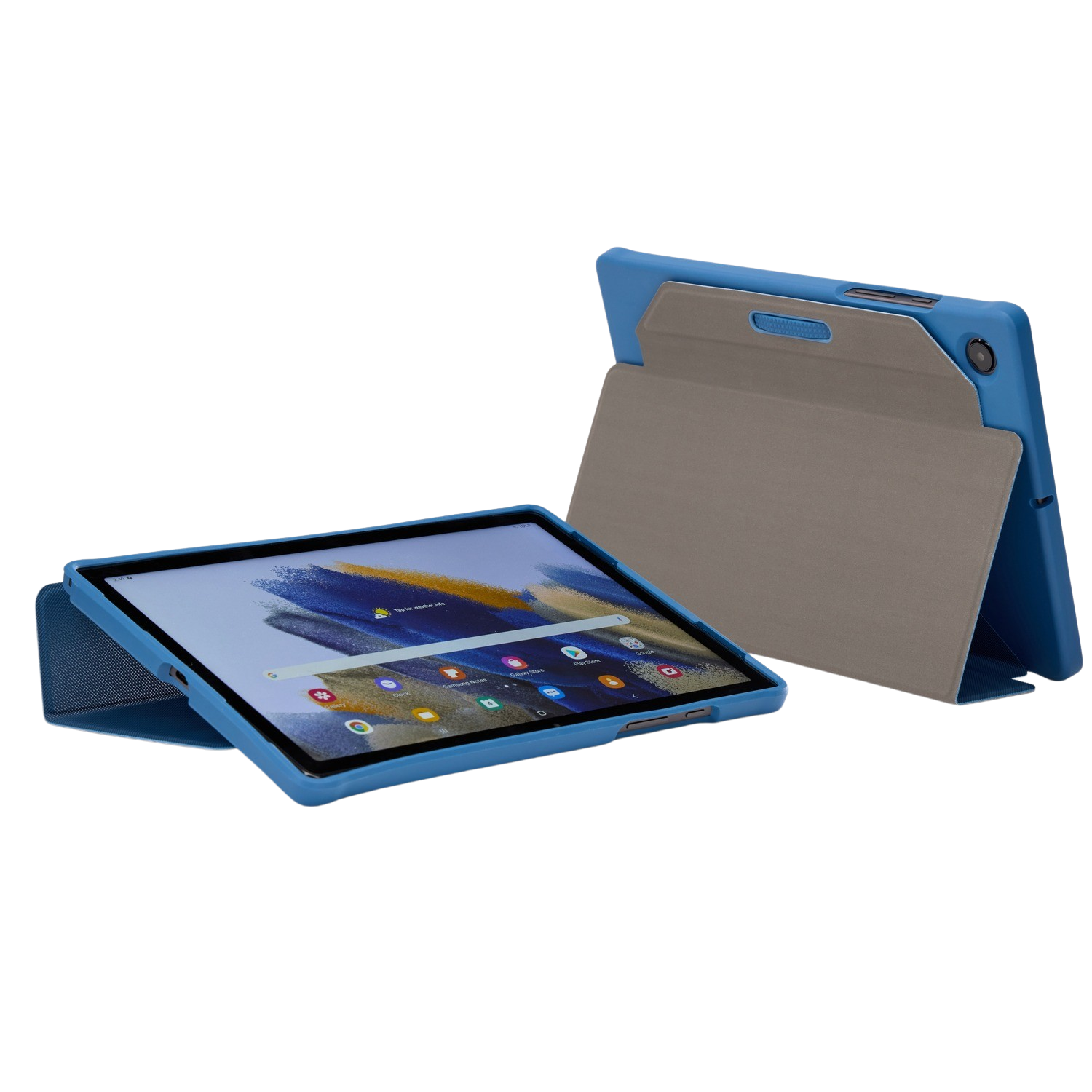 Two blue tablet covers. One holds a tablet displaying a home screen. The other is open.