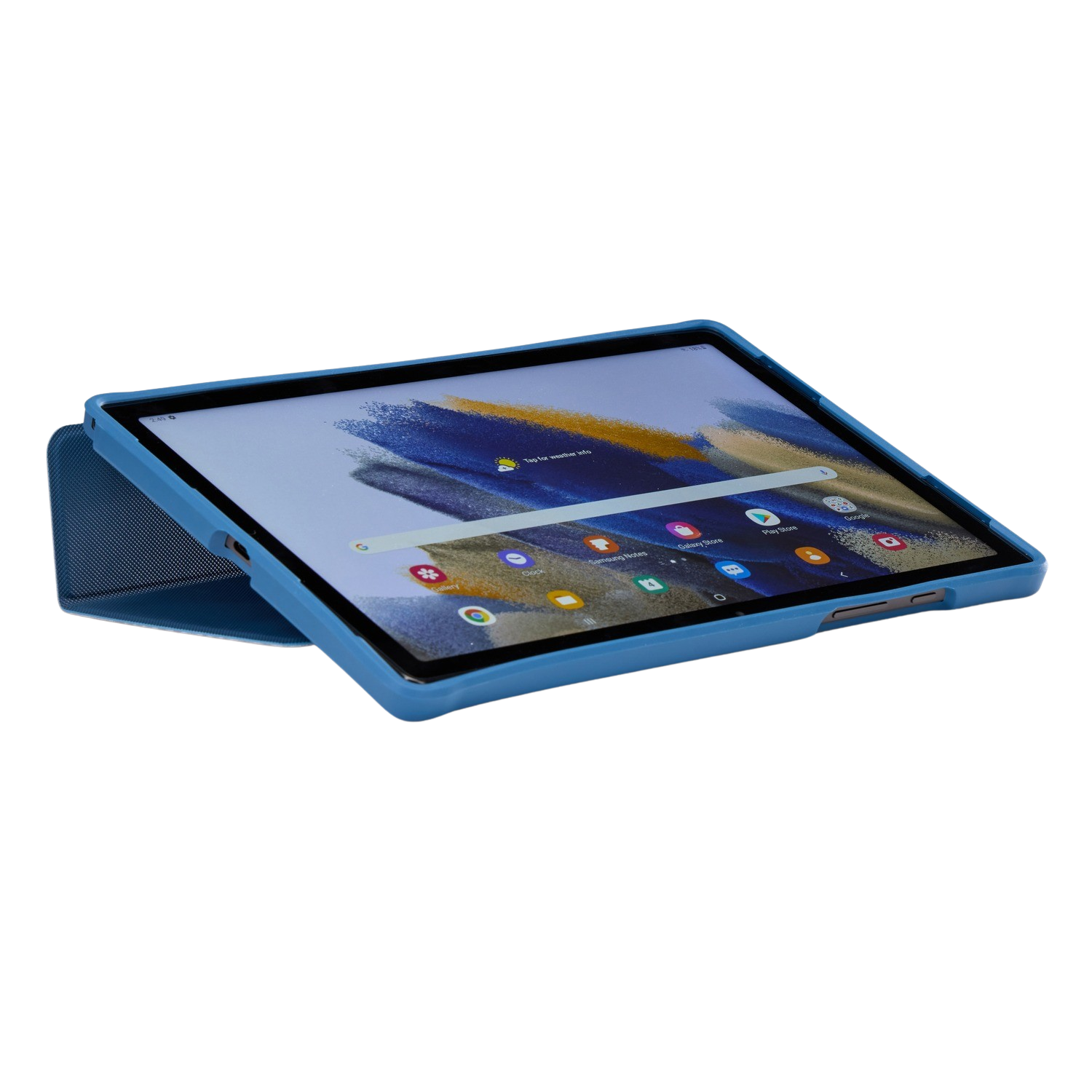 Tablet in a blue case, displaying a home screen with various app icons.