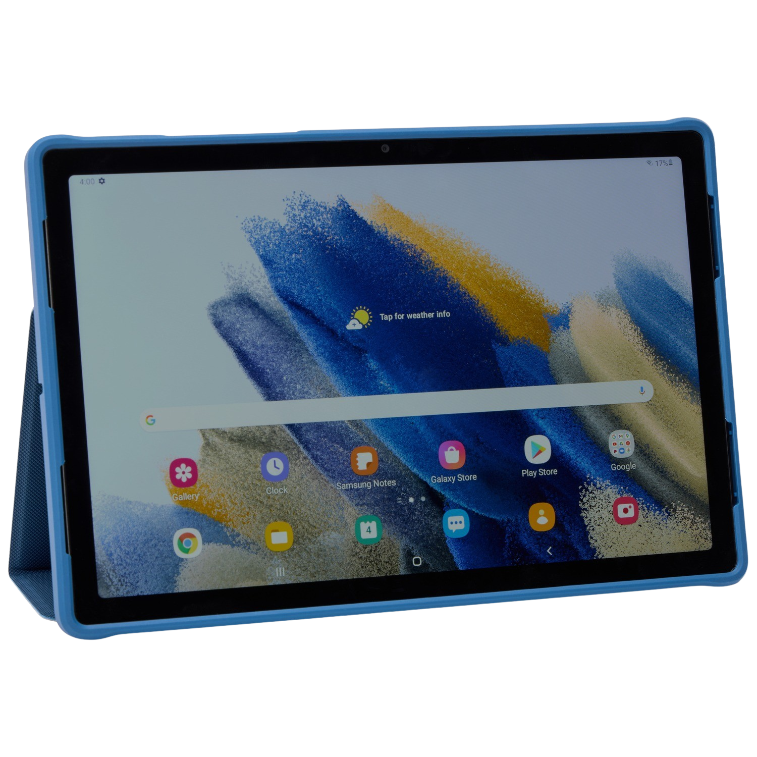 A blue tablet in a matching case, displaying an app screen with various app icons. The case is open.
