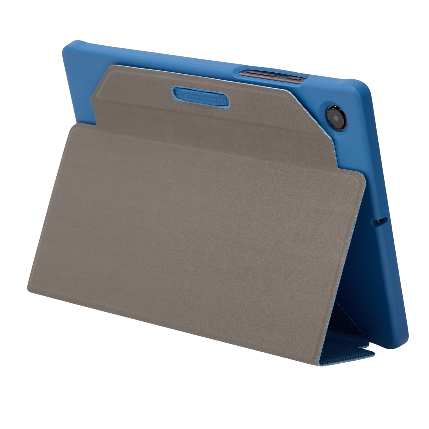 Blue tablet propped up in a gray case, showing the back with the camera and the case's cover.