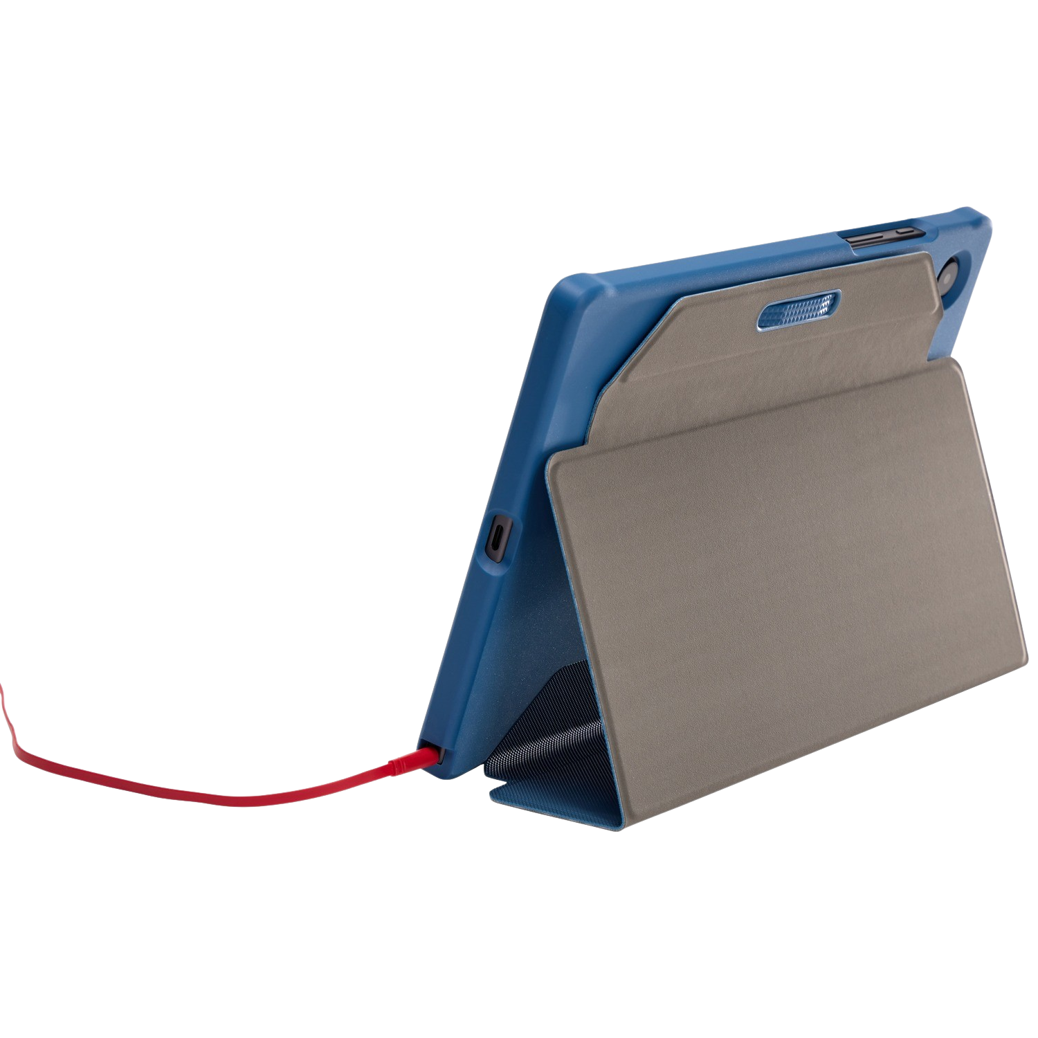 A blue tablet with a grey cover, a red charging cable is connected to the tablet.