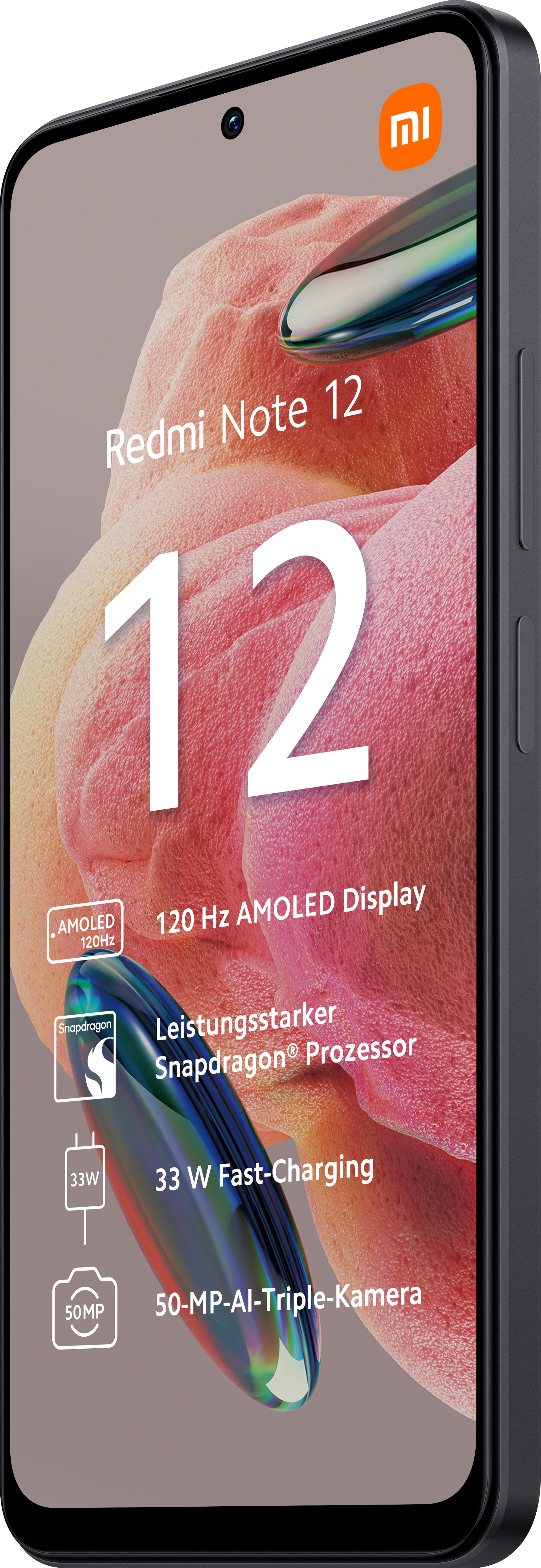 Ein schwarzes Smartphone mit Text und Symbolen, das einen Bildschirm mit Grafiken zeigt.