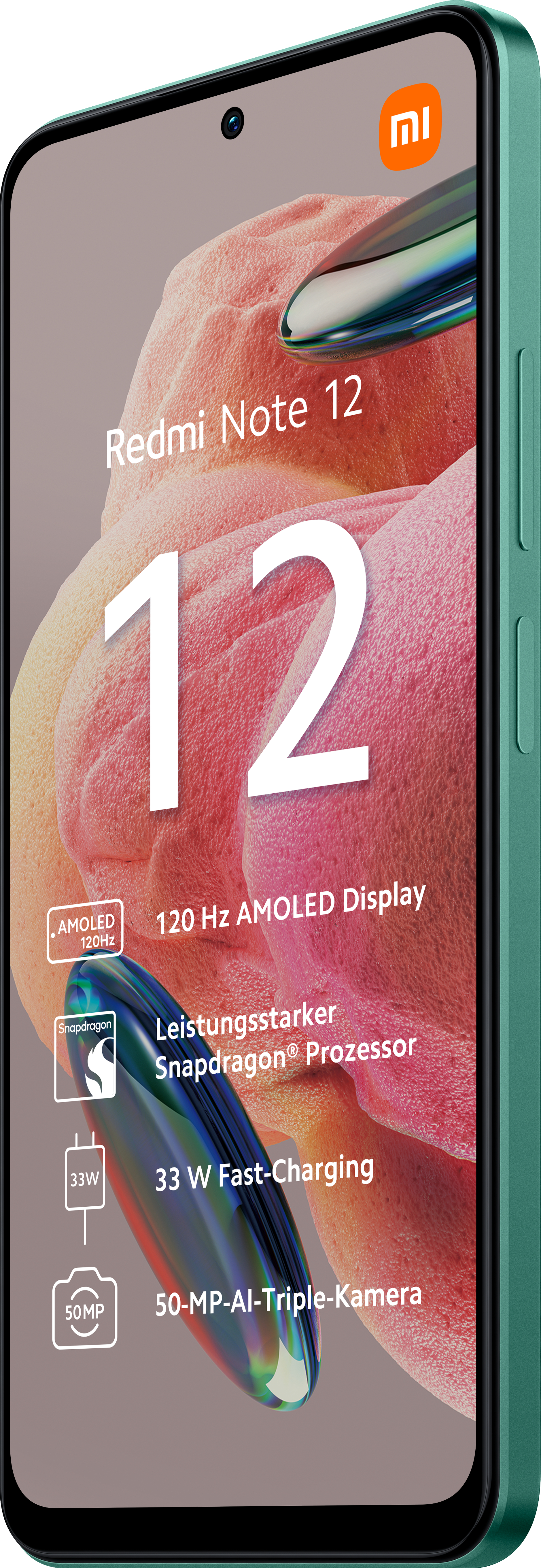 Grünes Smartphone mit dem Text 'Redmi Note 12'. Das Display zeigt Informationen über das Telefon.