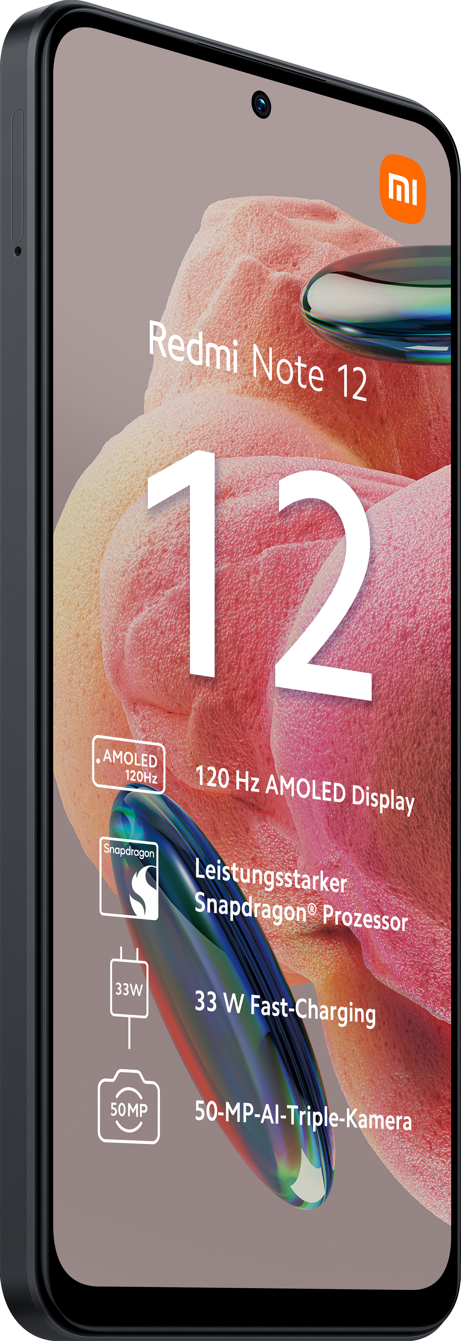 Ein schwarzes Smartphone mit großem Bildschirm, der Informationen anzeigt.